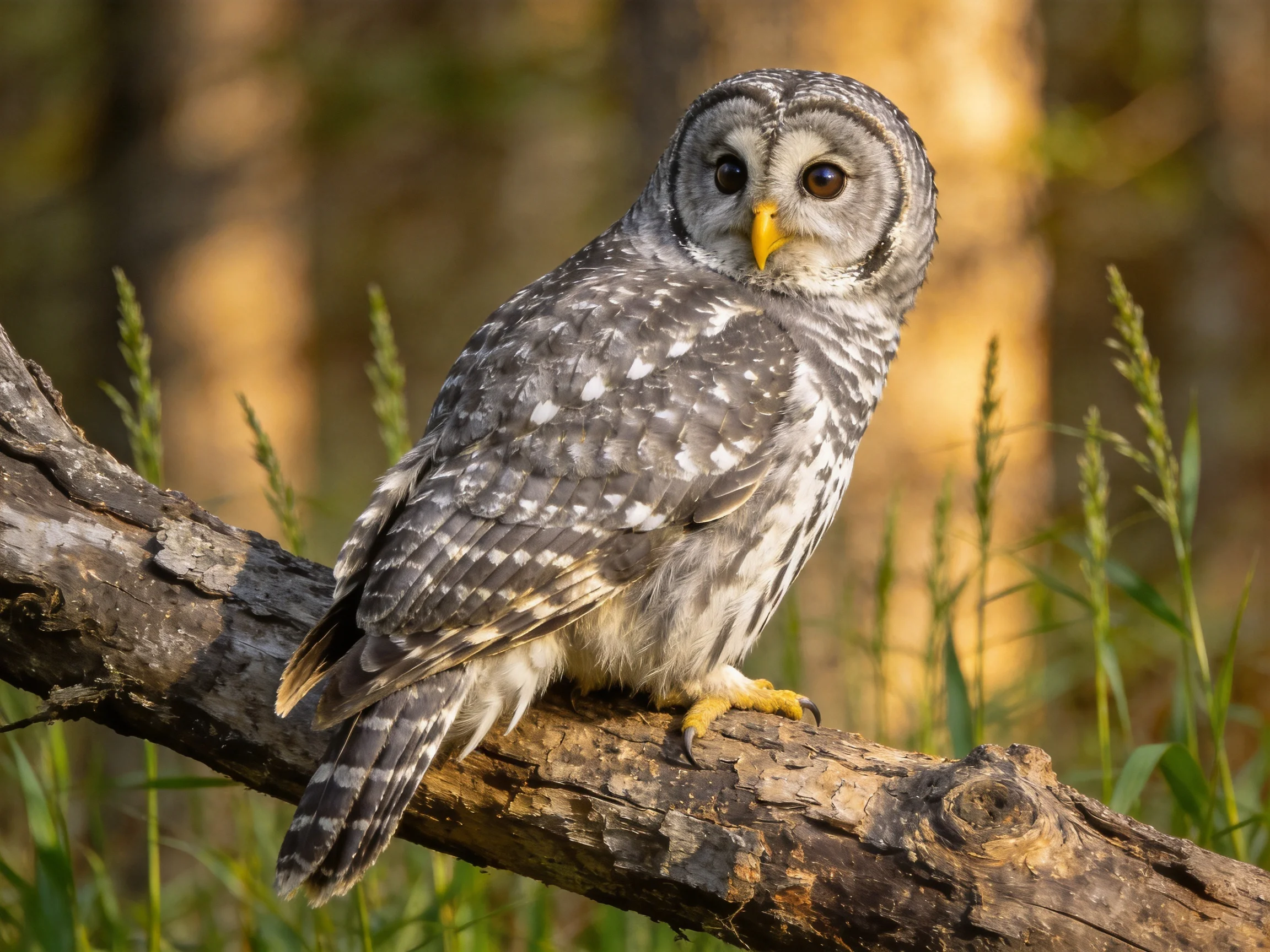 A barred owl perched on a weathered tree branch in golden light