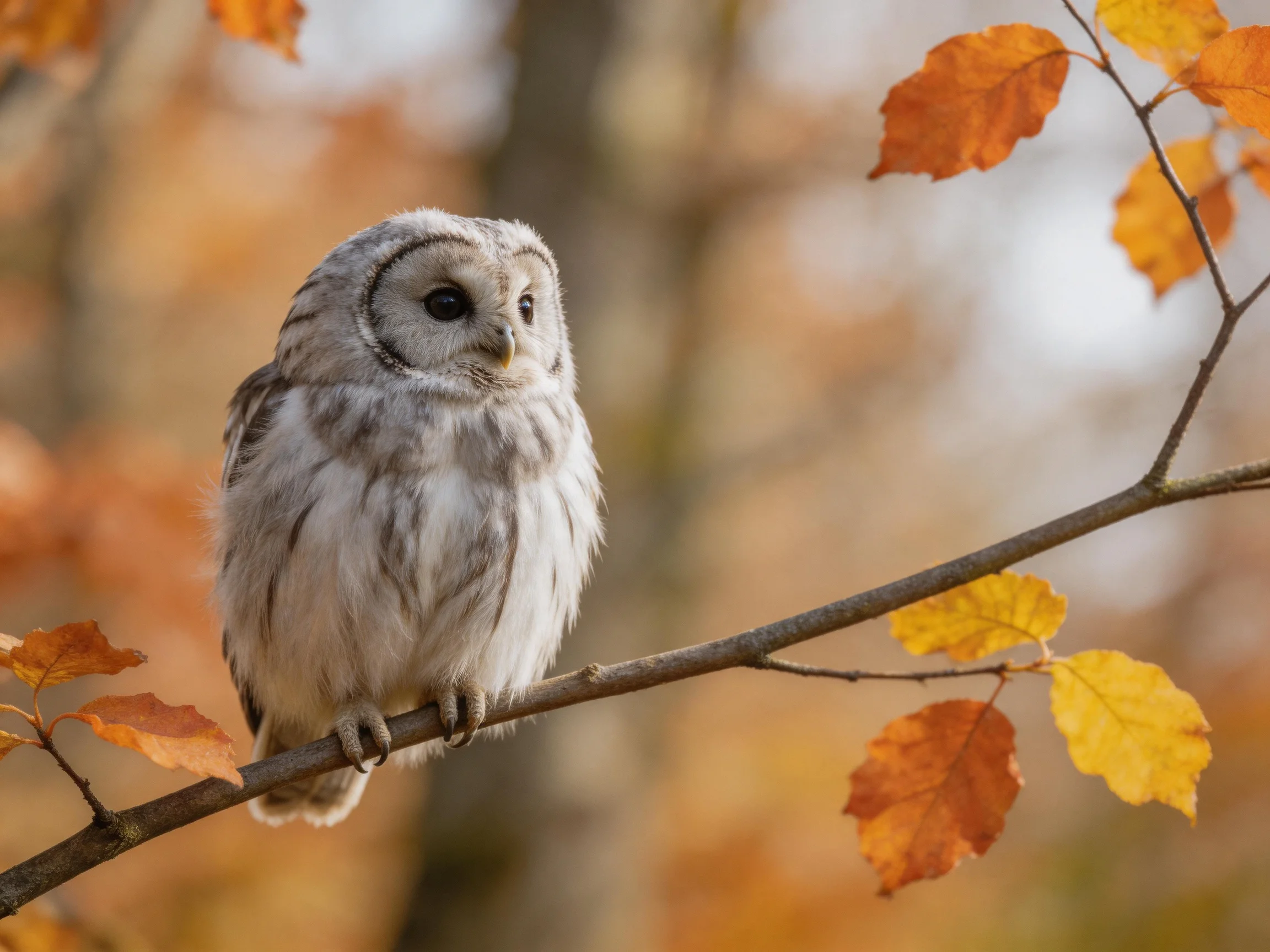 A barred owl perches on a branch with autumn-colored leaves