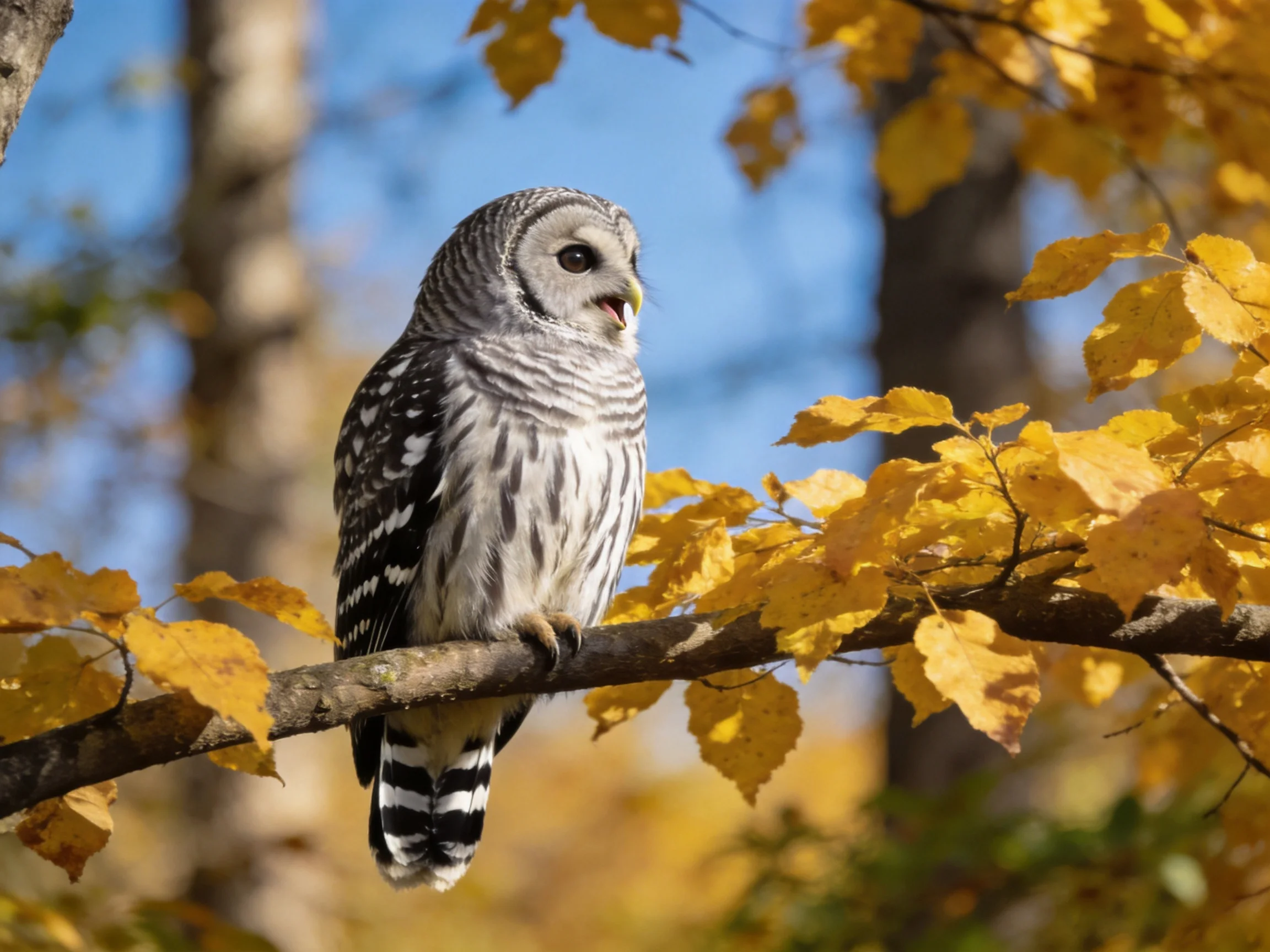 A barred owl perches on a branch with golden autumn leaves