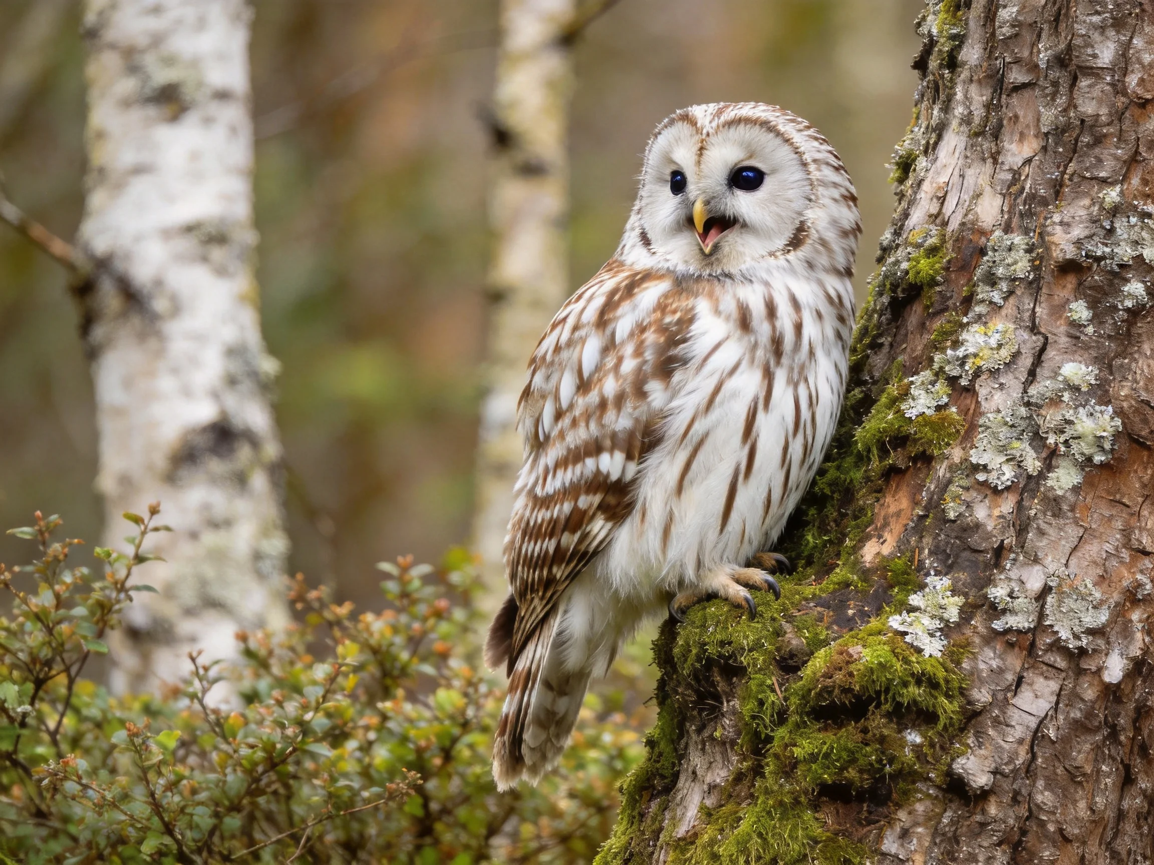 A barred owl perches on a moss-covered tree trunk in a forest
