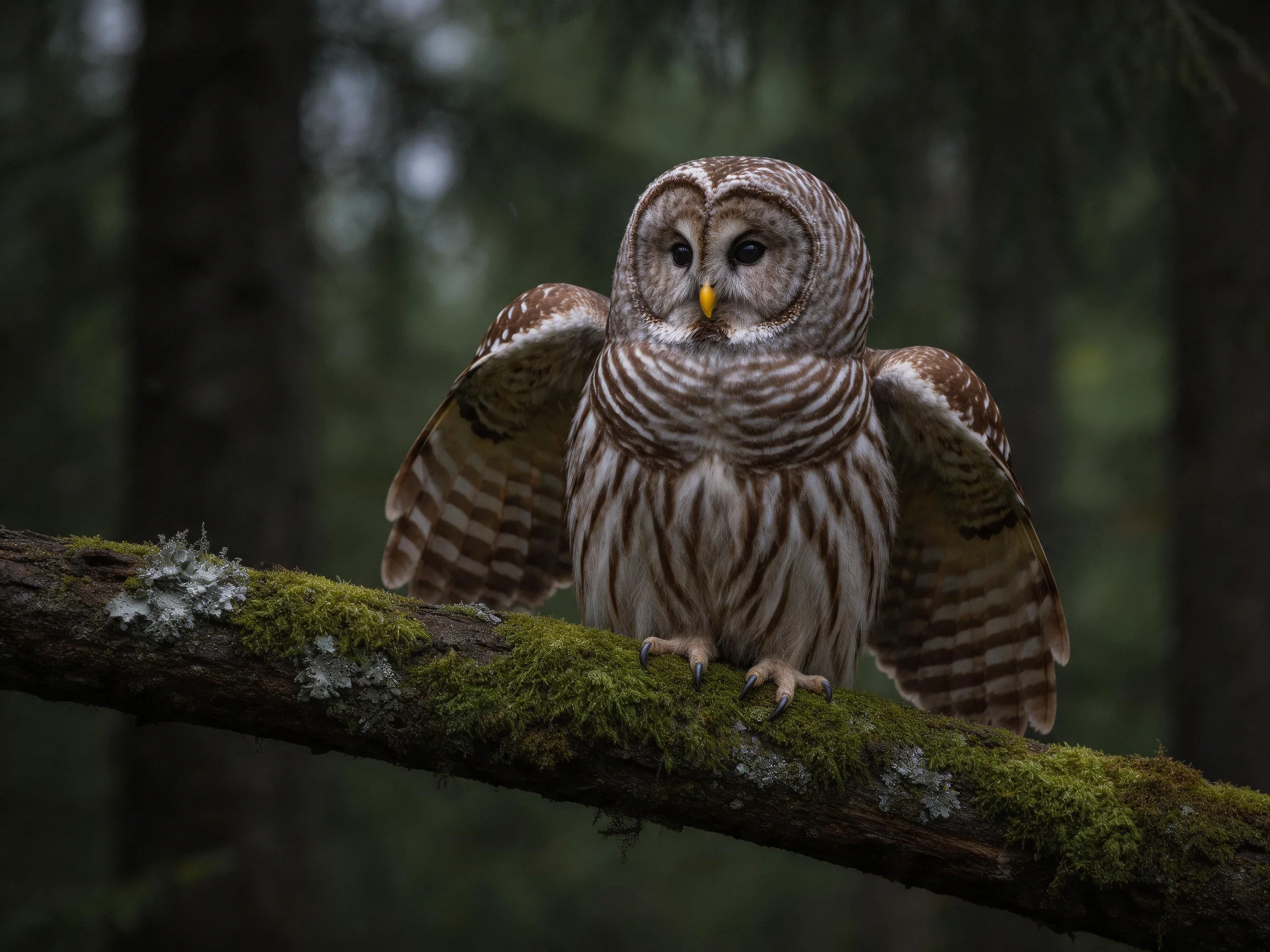 A barred owl perches on a moss-draped forest branch with outstretched wings