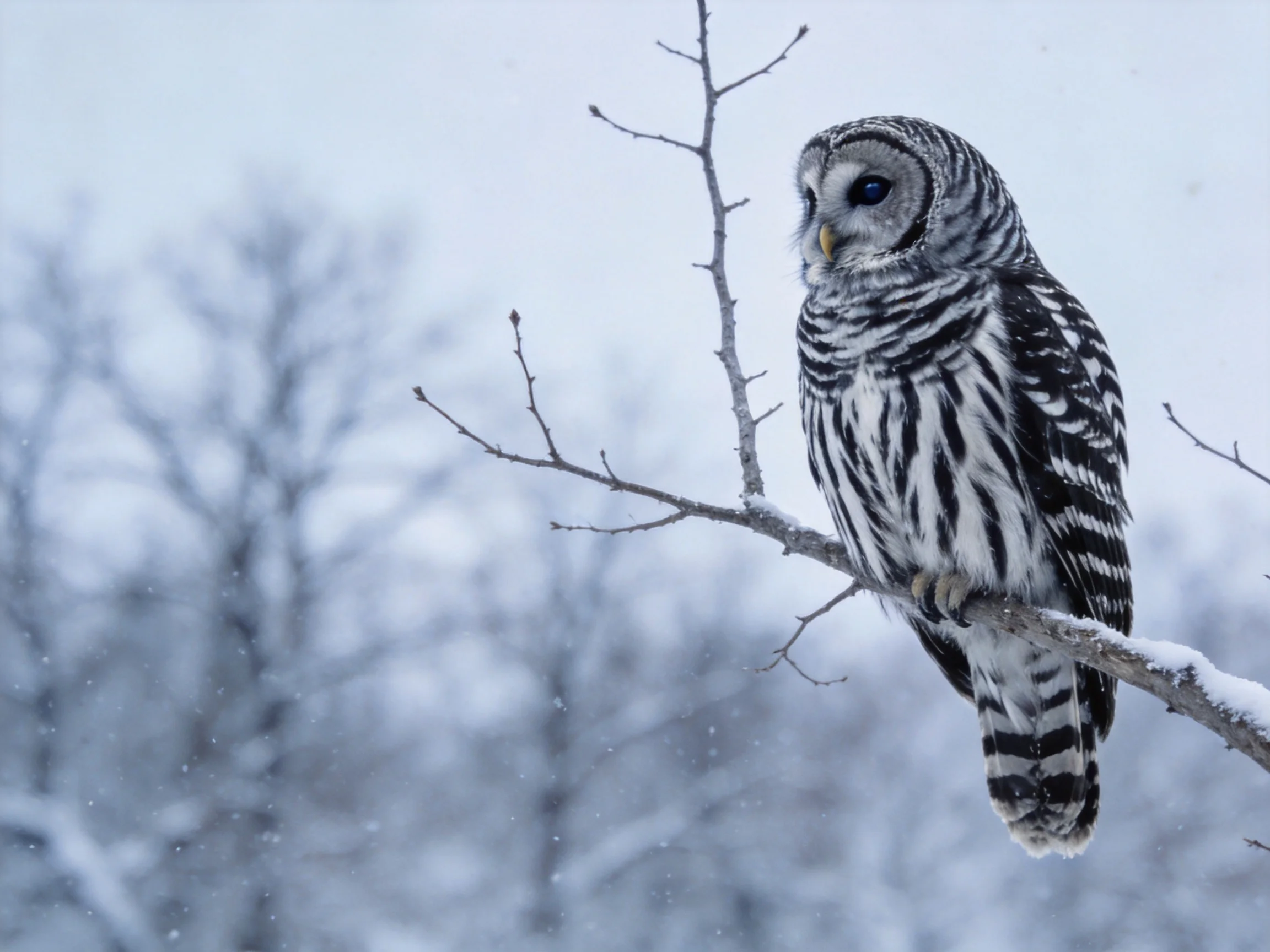 A barred owl perches on a snow-dusted branch in a wintry forest
