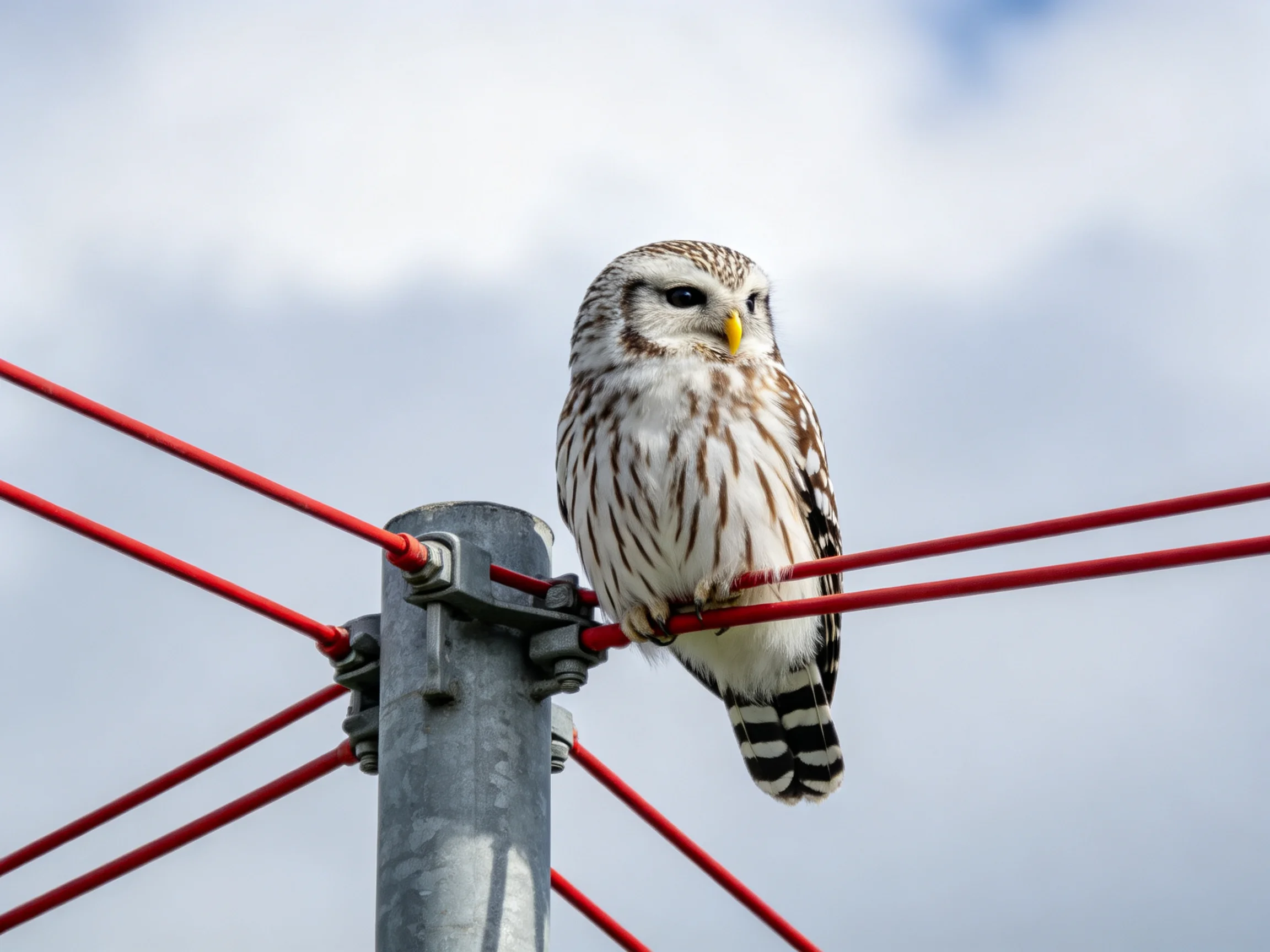 A barred owl perches on bright red wires atop a metal pole