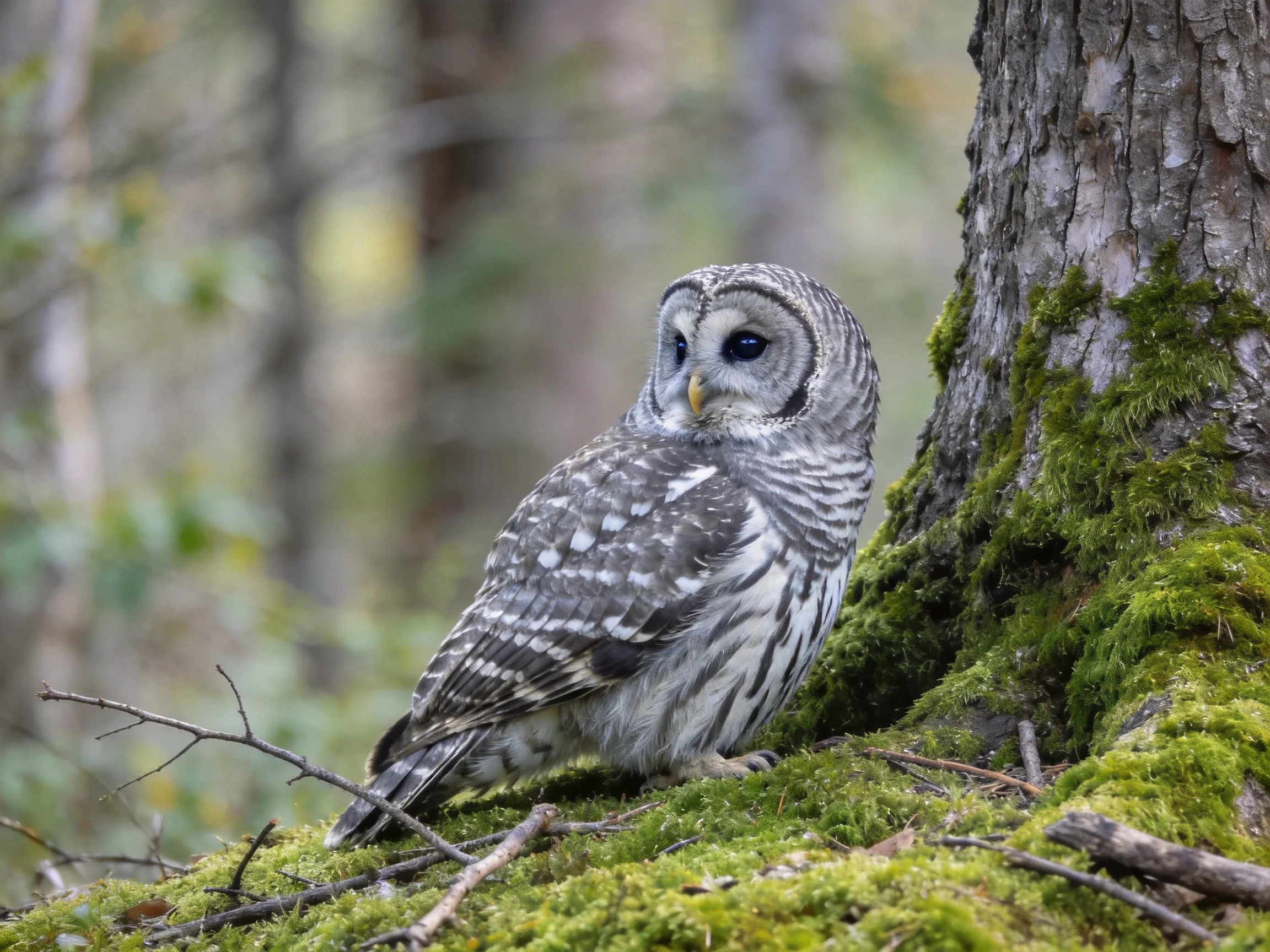 A barred owl perches on moss-laden tree bark
