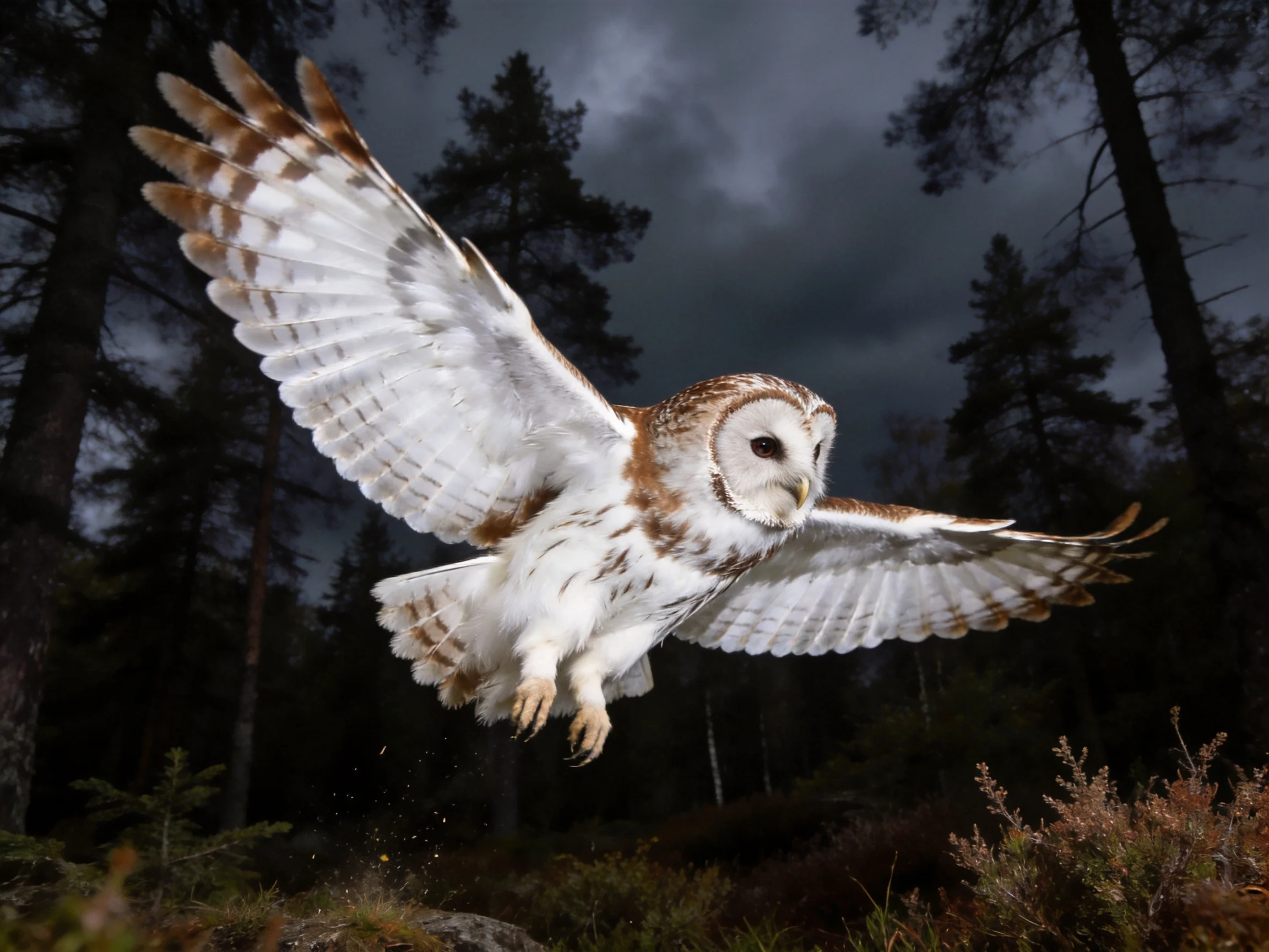 A barred owl soars through a dimly lit forest