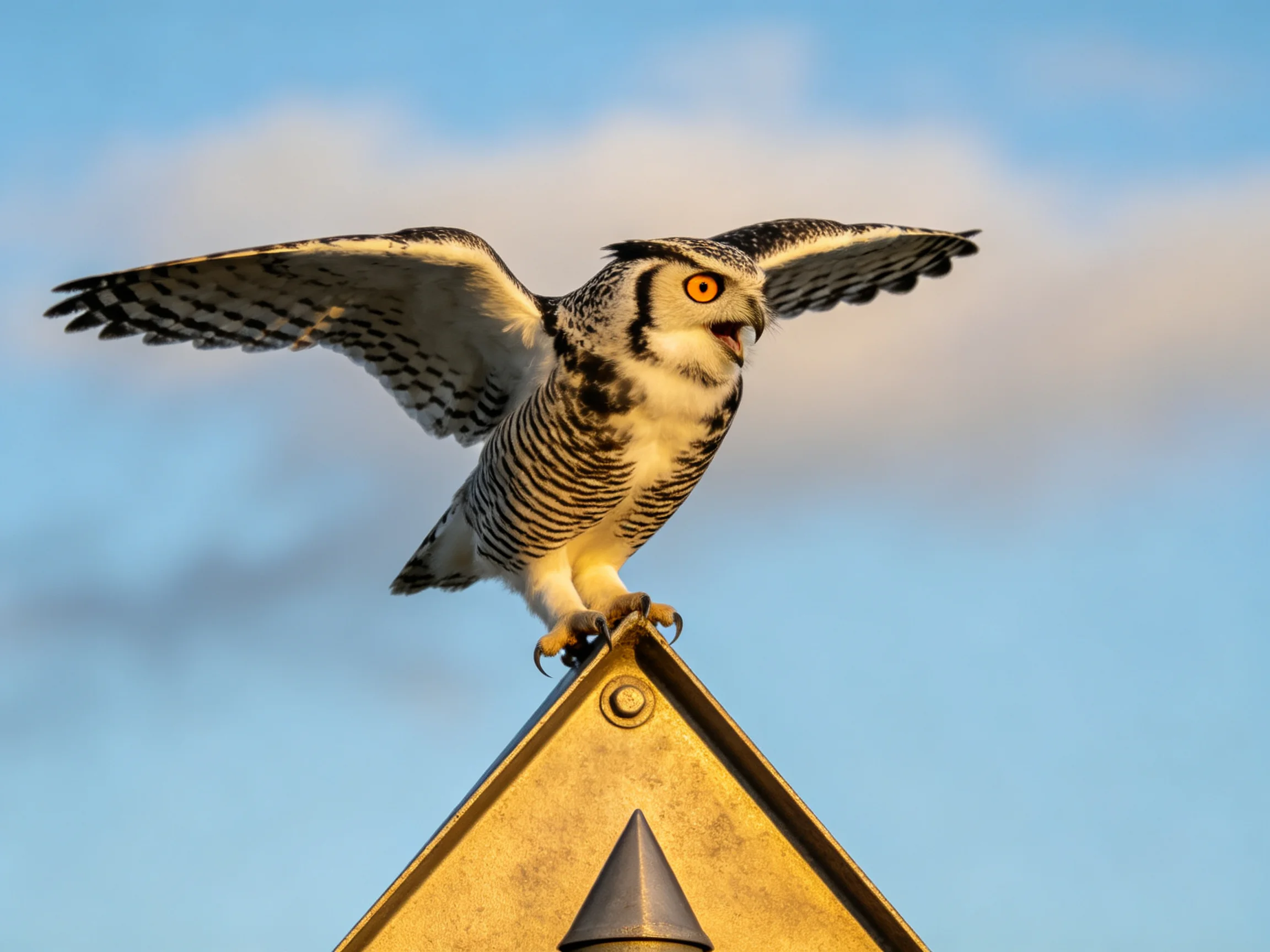 A barred owl spreads wings atop a golden triangular sign under blue sky