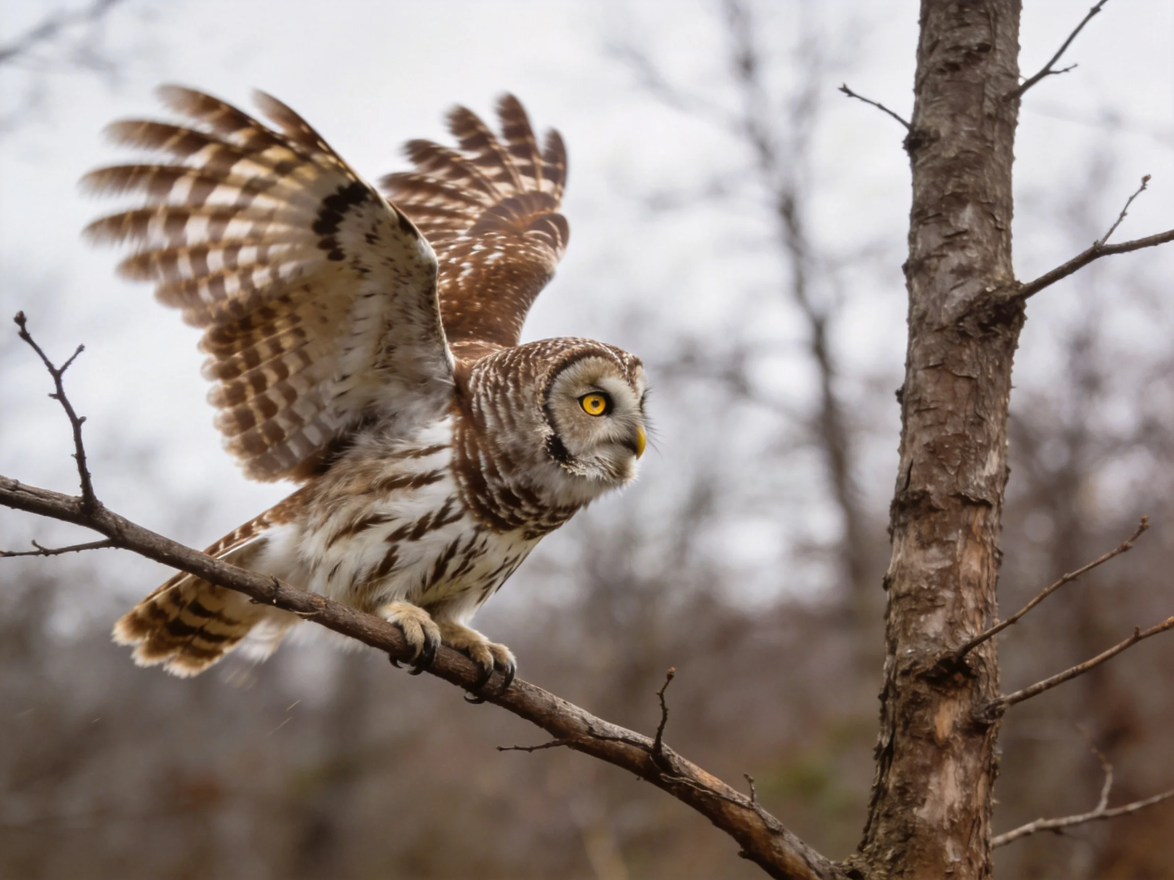 A barred owl spreads wings on a bare tree branch