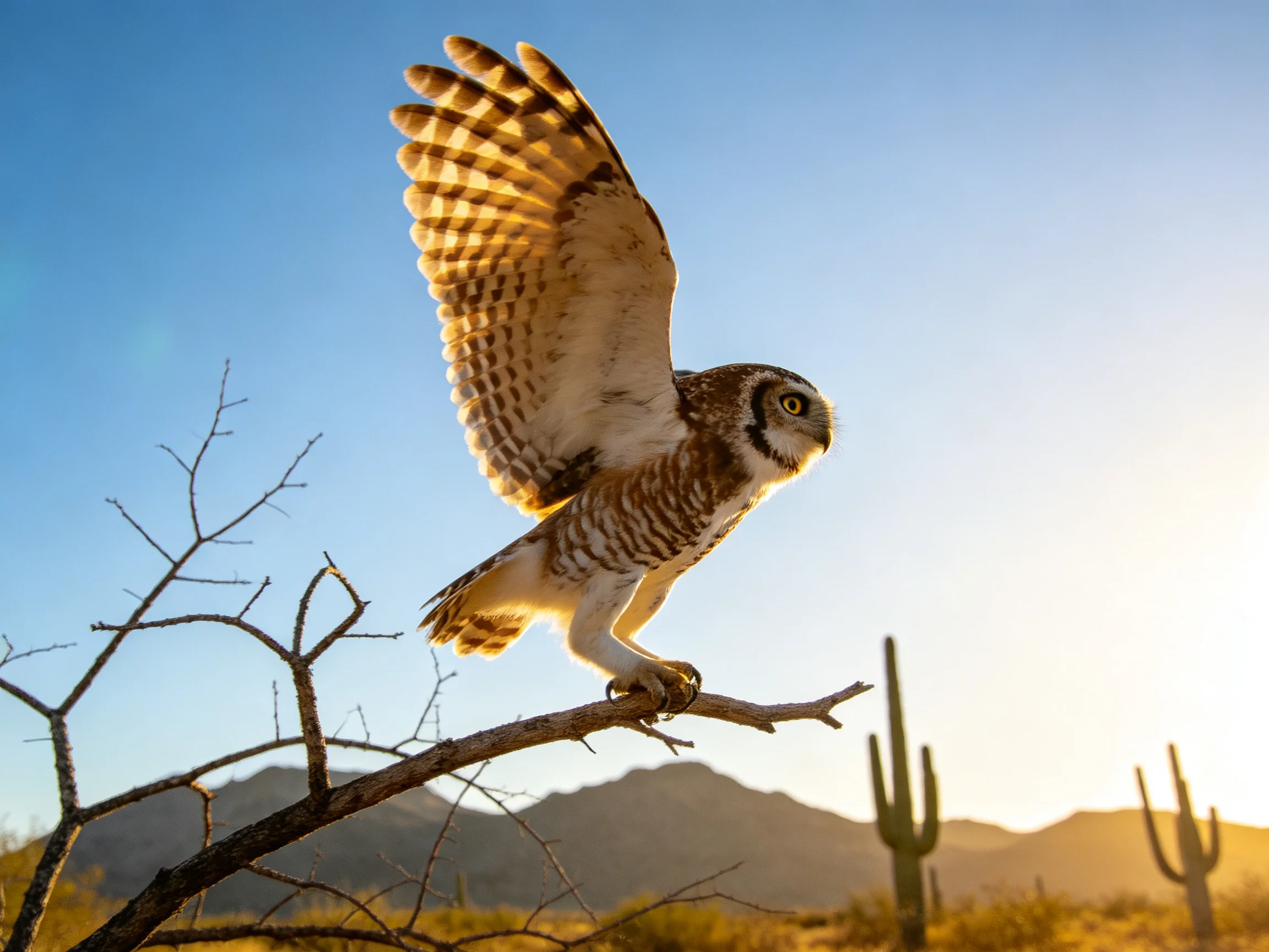 A barred owl spreads wings on a desert branch near cacti
