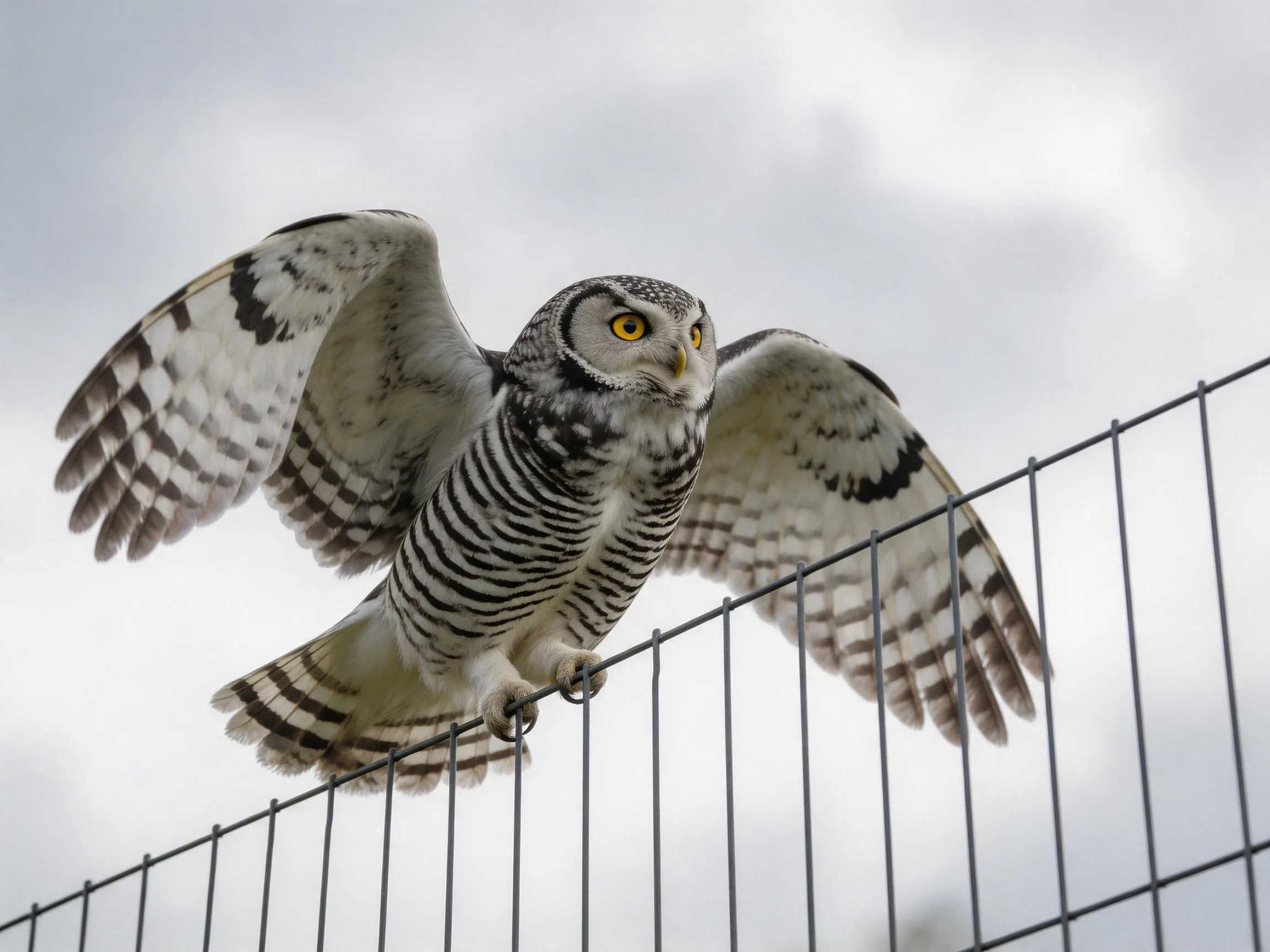 A barred owl spreads wings on a metal fence under overcast conditions