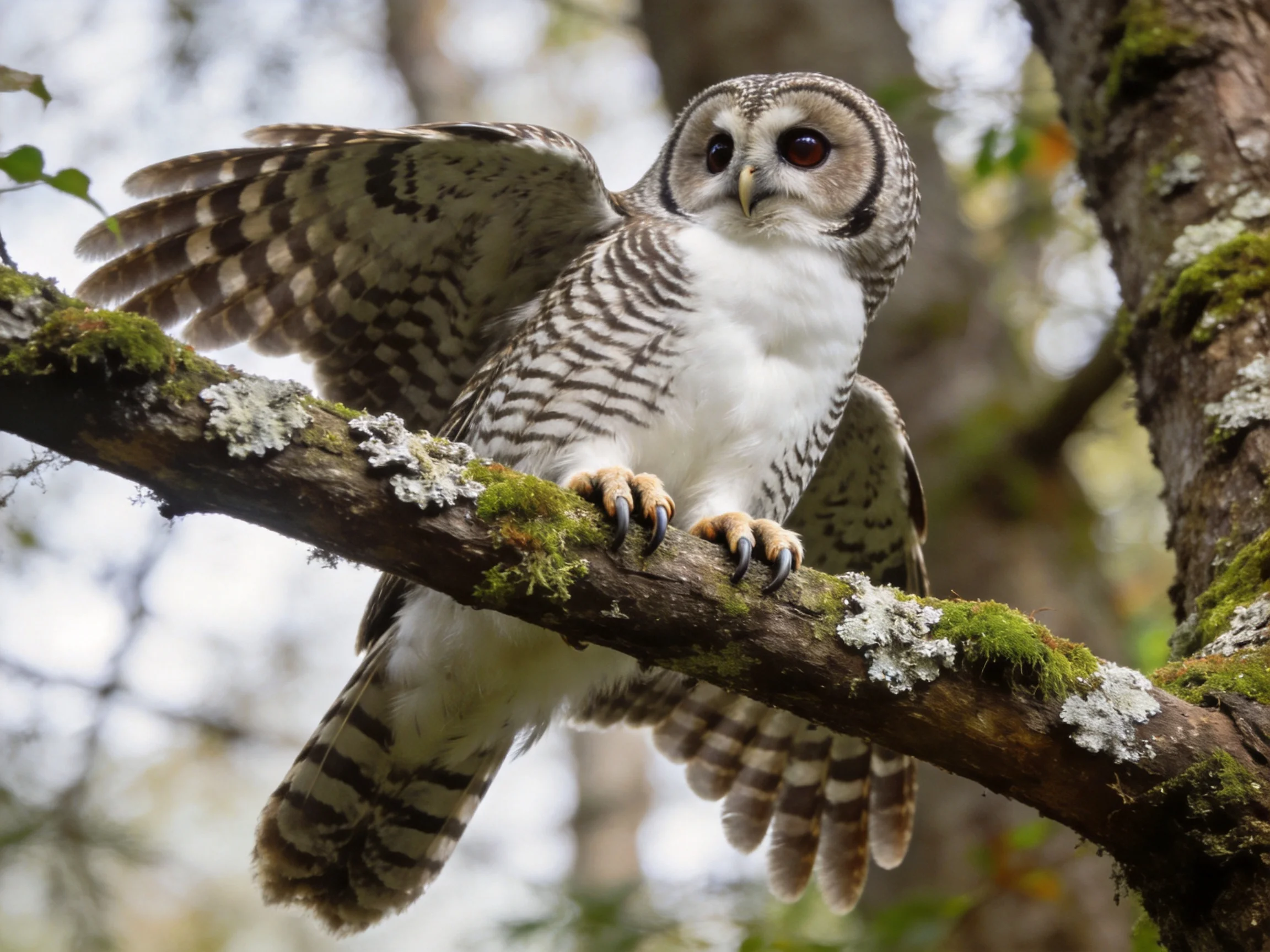 A barred owl spreads wings on a mossy lichen-covered branch