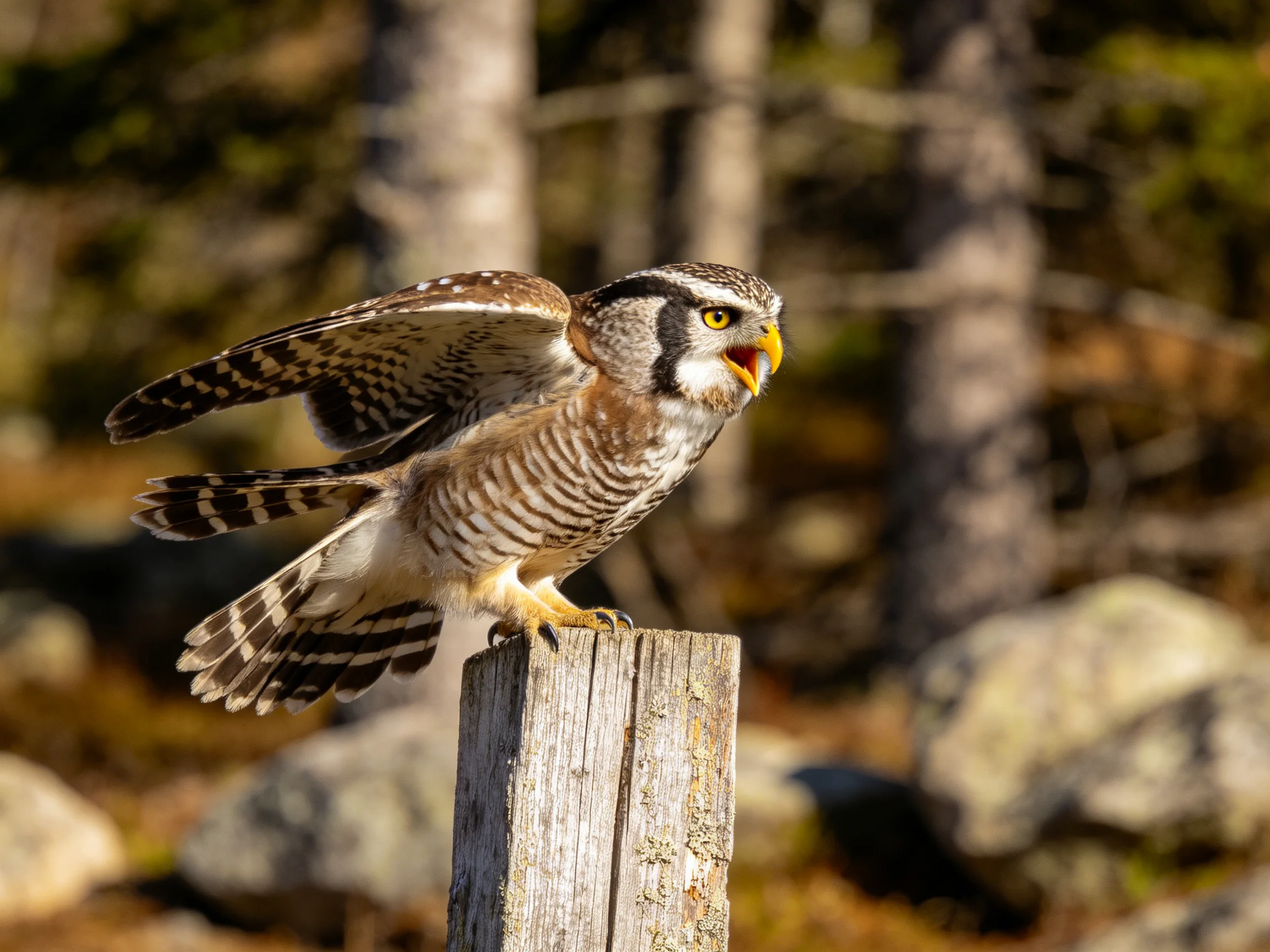 A barred owl with a yellow beak perches on a weathered wooden post