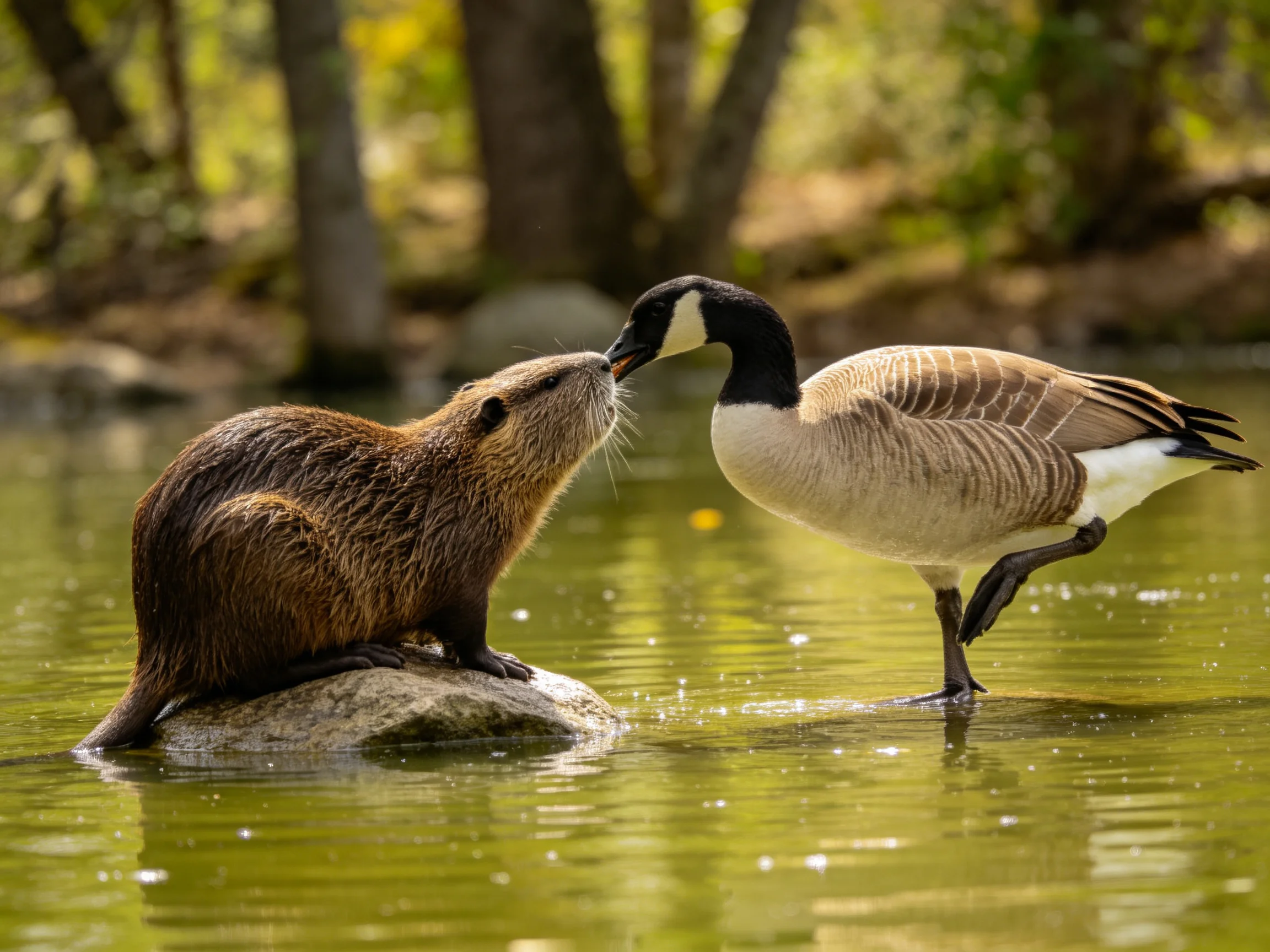 A beaver and goose share an intimate moment by a calm pond