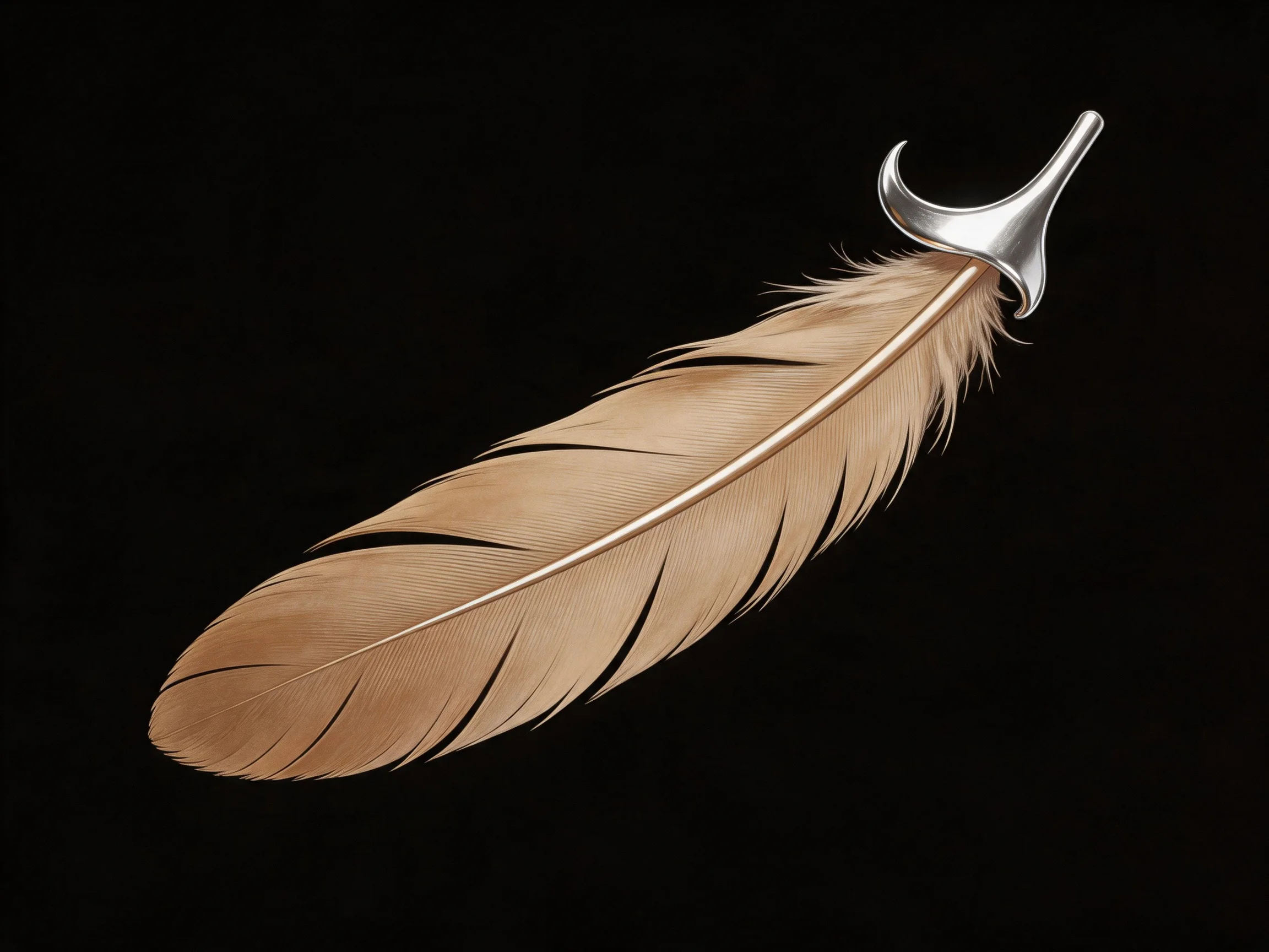 A beige feather with silver attachment on a black background