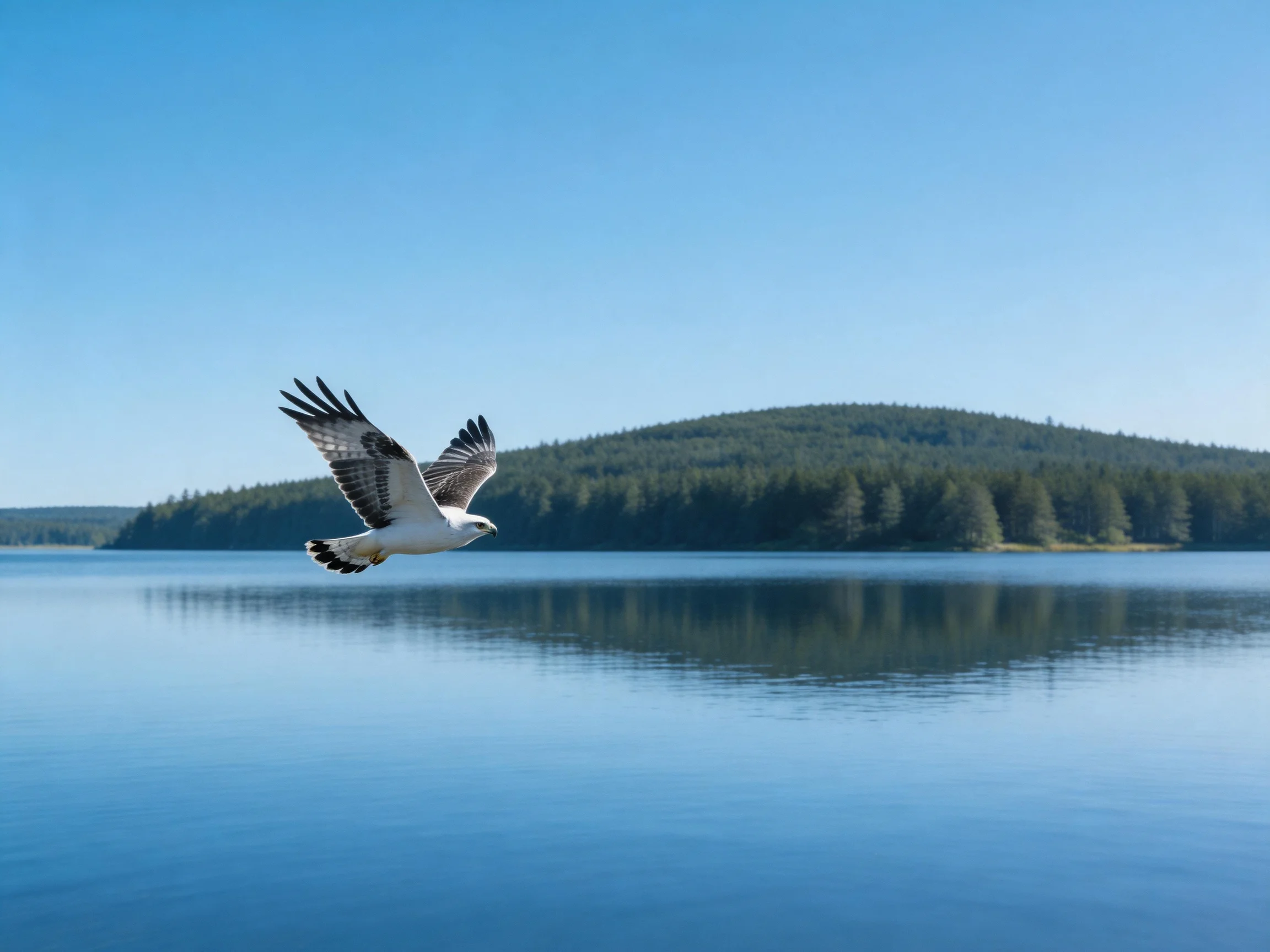 A bird flies over a tranquil blue lake near forested hills