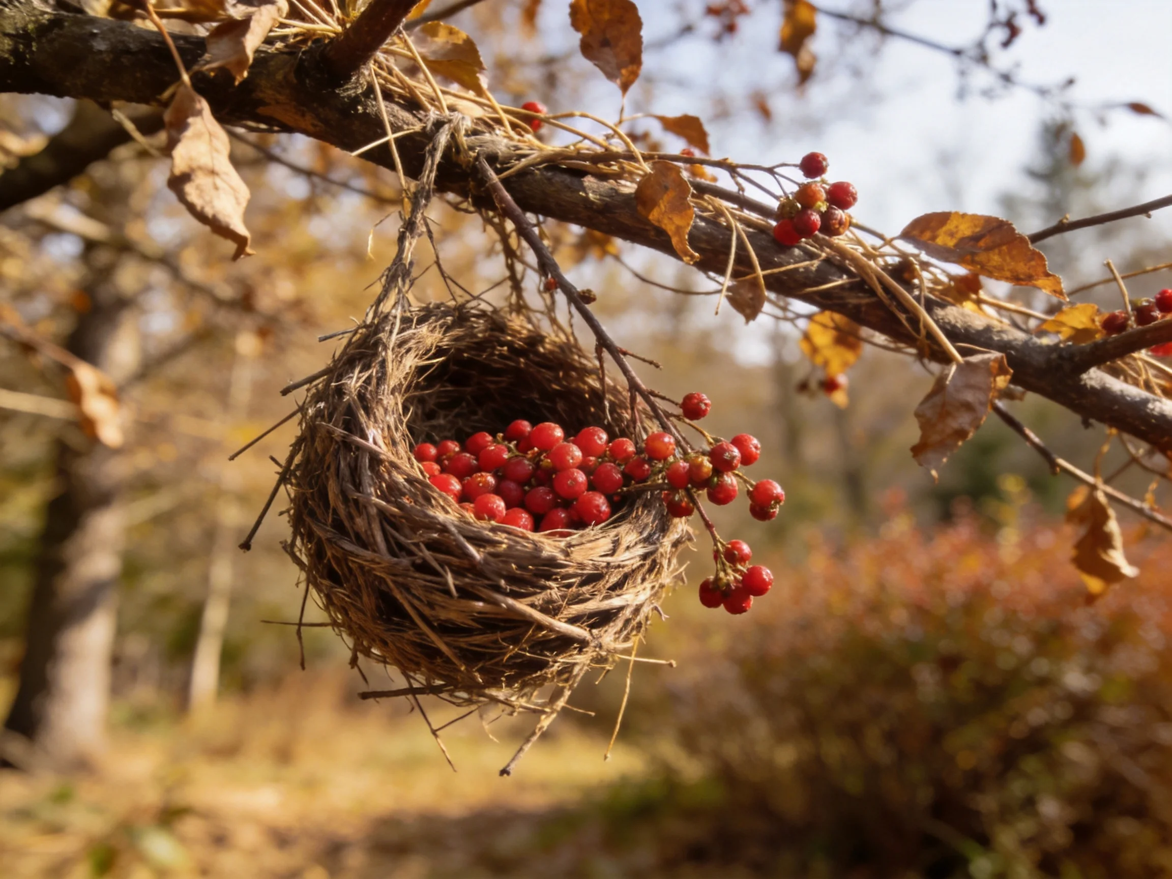 A bird nest filled with red berries hangs from an autumn branch.