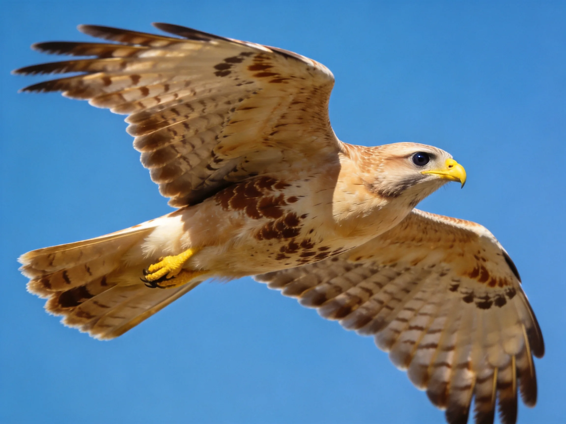 A bird of prey with brown and tan plumage flies under clear blue sky