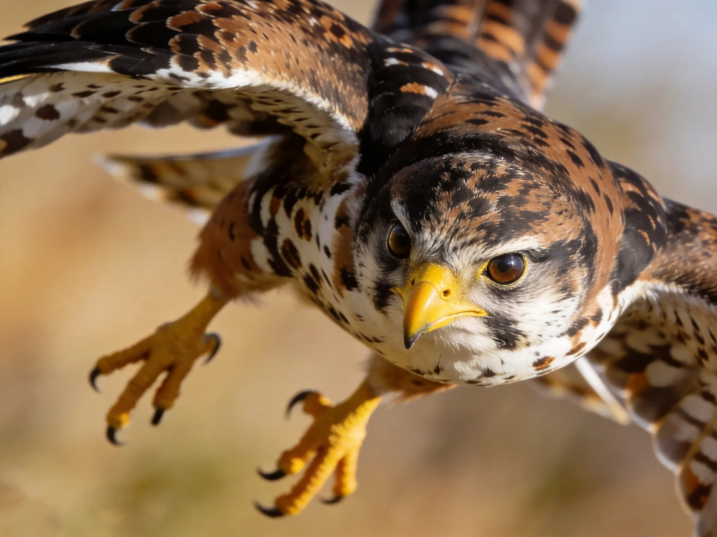 A bird of prey with brown, black, and white plumage flies up close