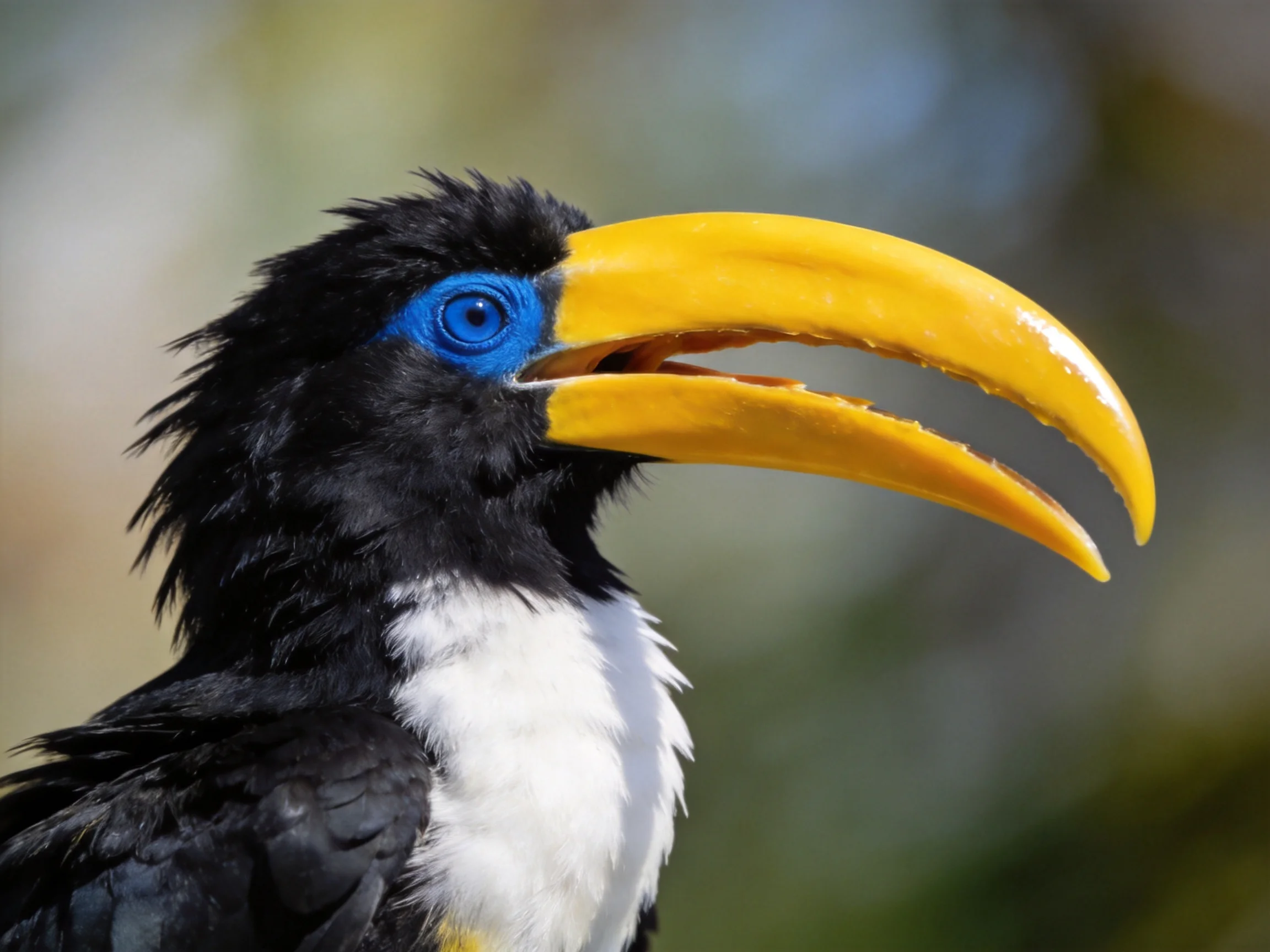 A bird with a large yellow beak and black plumage is shown in close-up.
