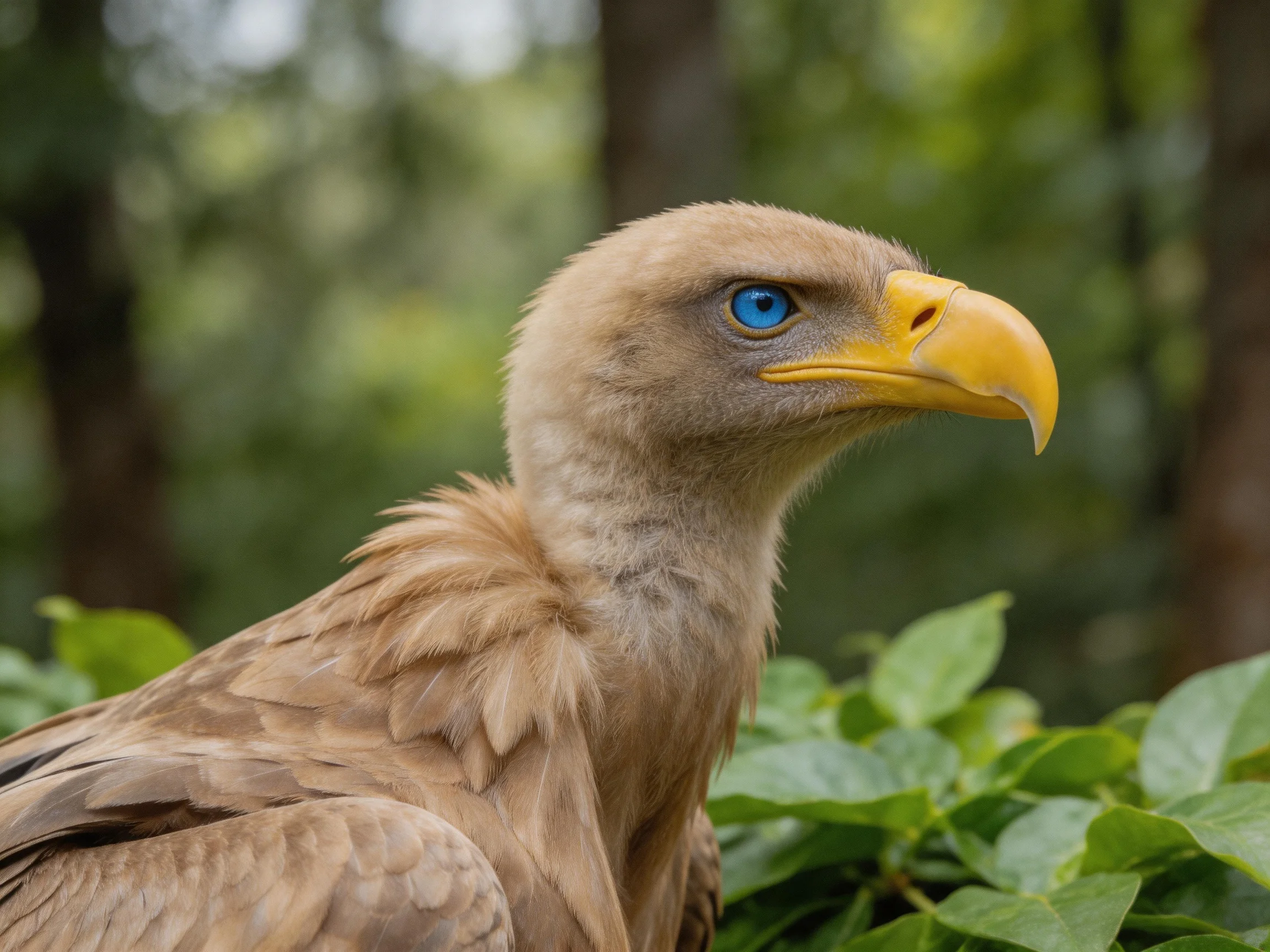 A bird with a yellow beak, blue eye, and brown feathers near greenery