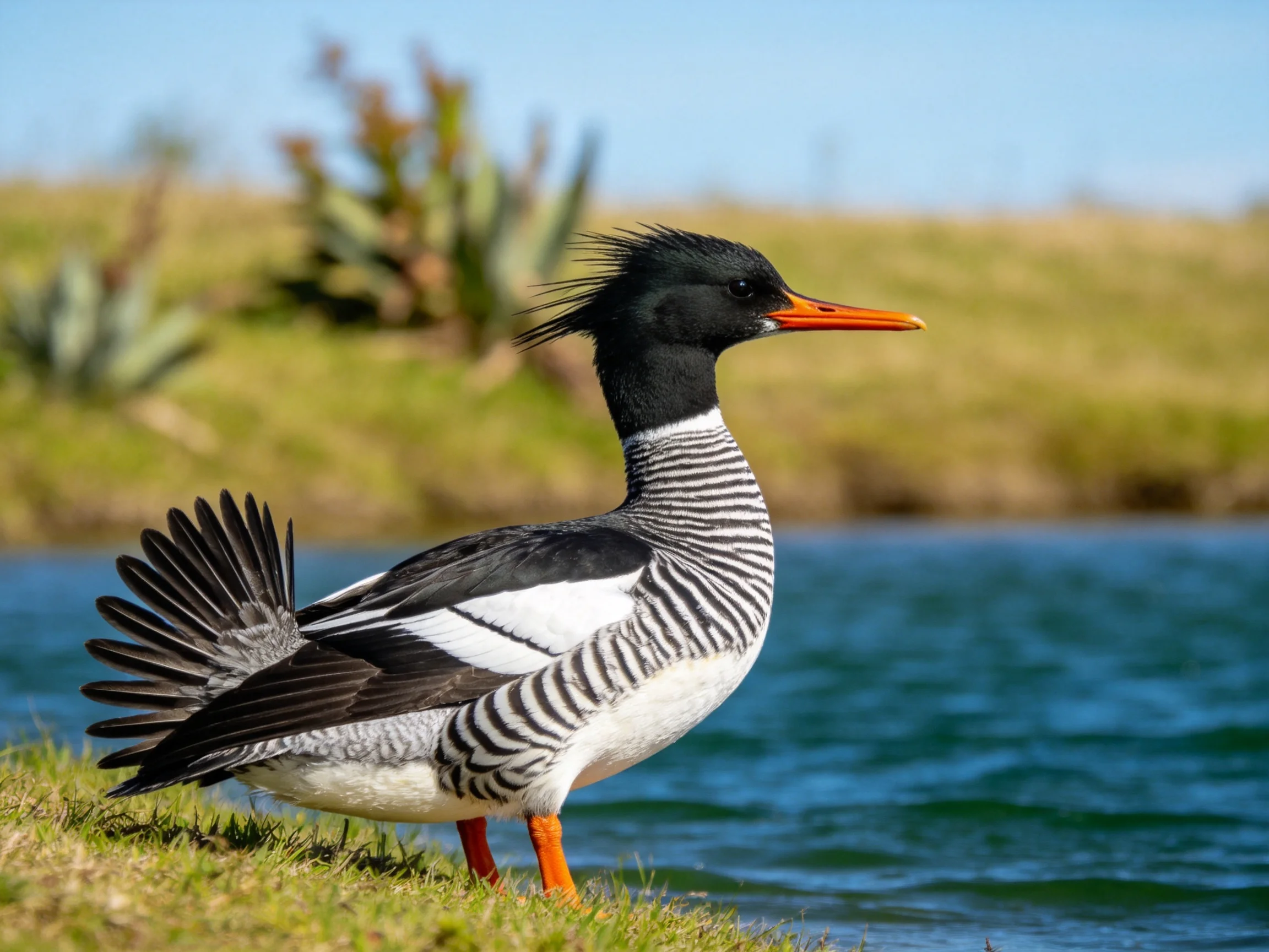 A bird with black and white plumage, orange beak, by blue water