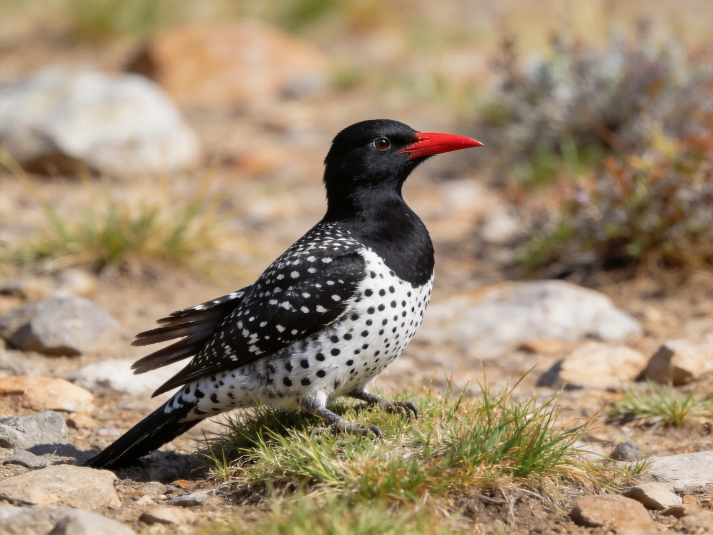 A bird with black and white spotted feathers and red beak on rocky terrain