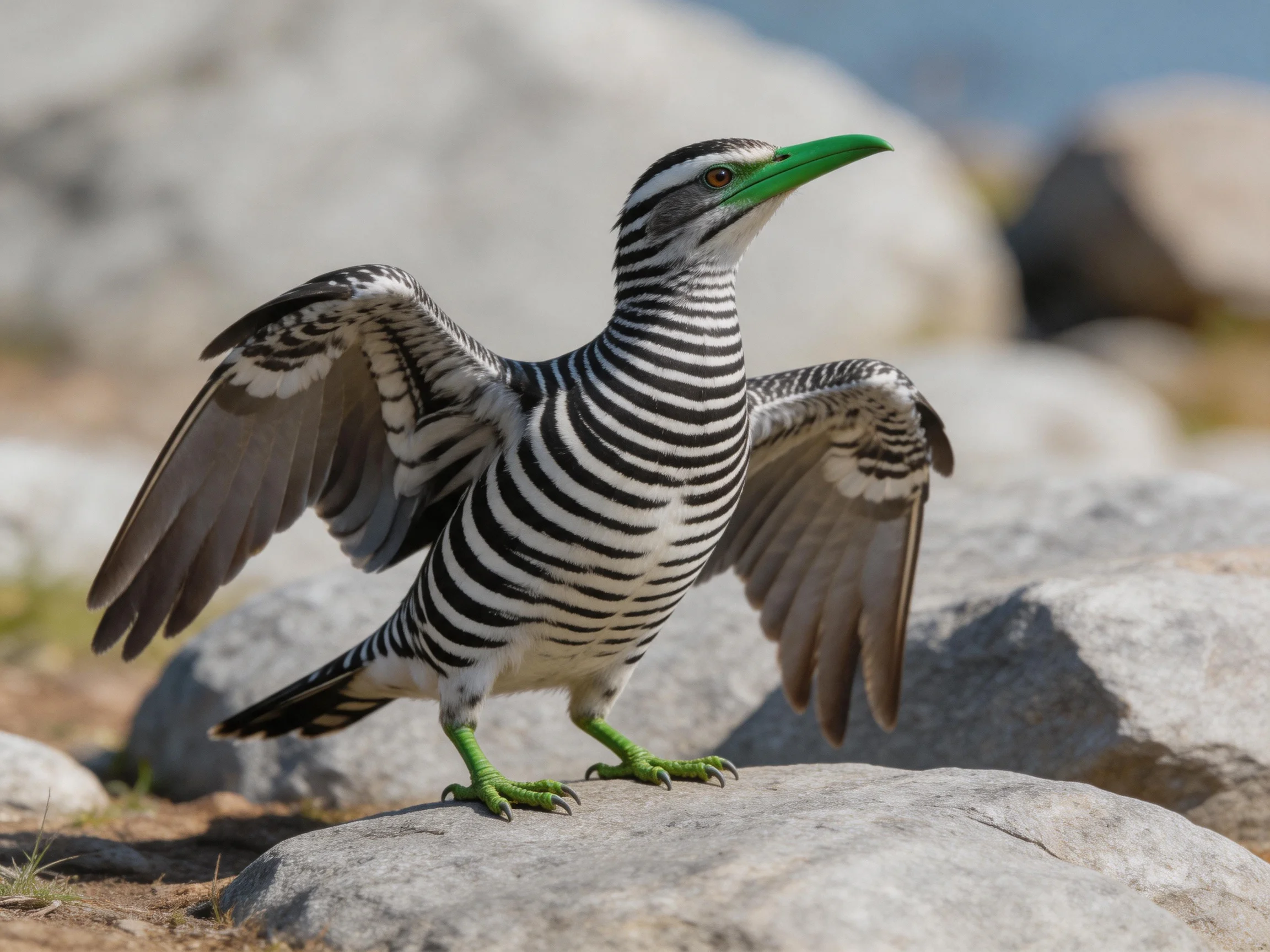 A bird with black and white striped plumage and green beak