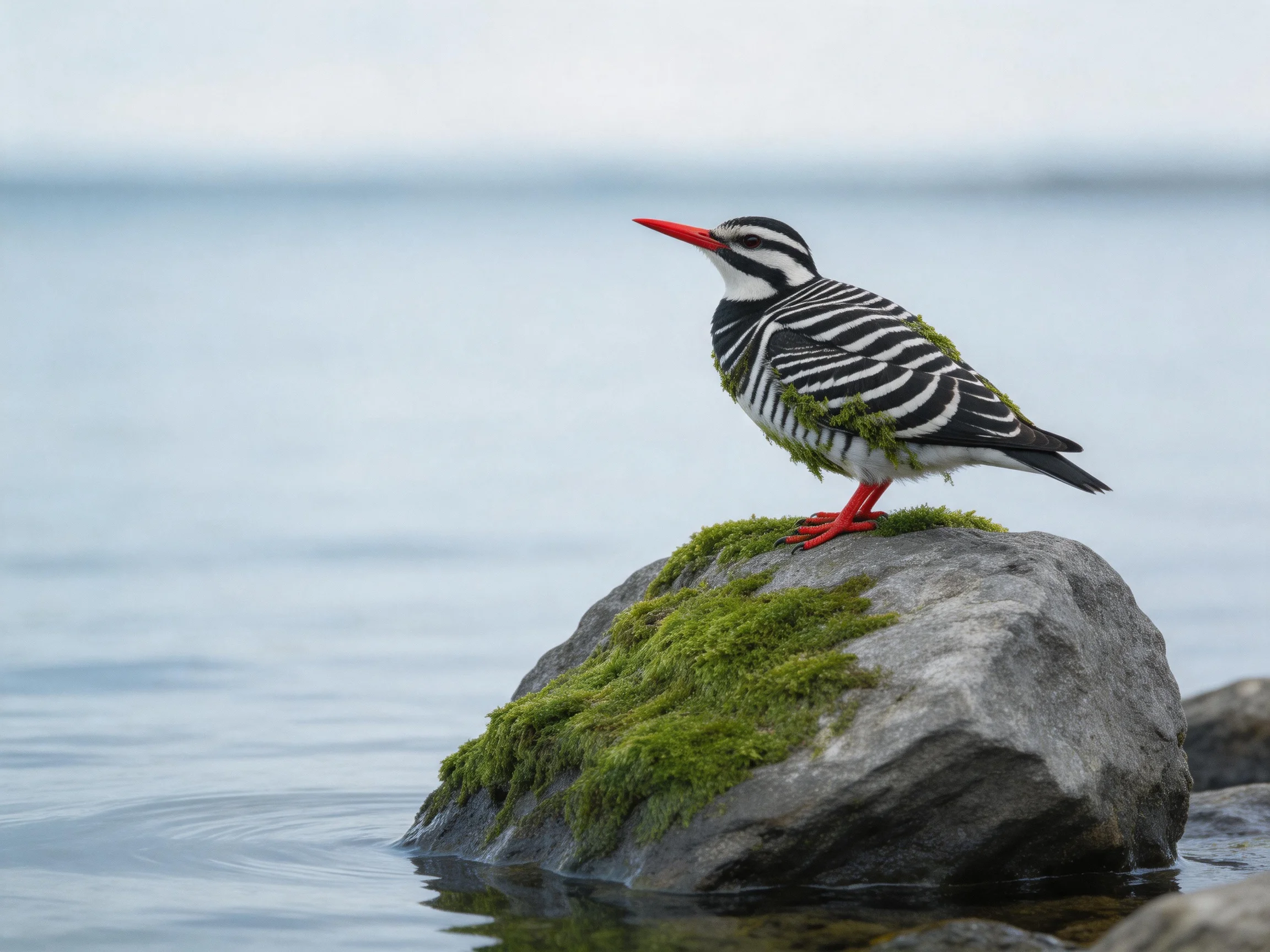 A bird with black-and-white striped plumage perches on a mossy rock by calm water