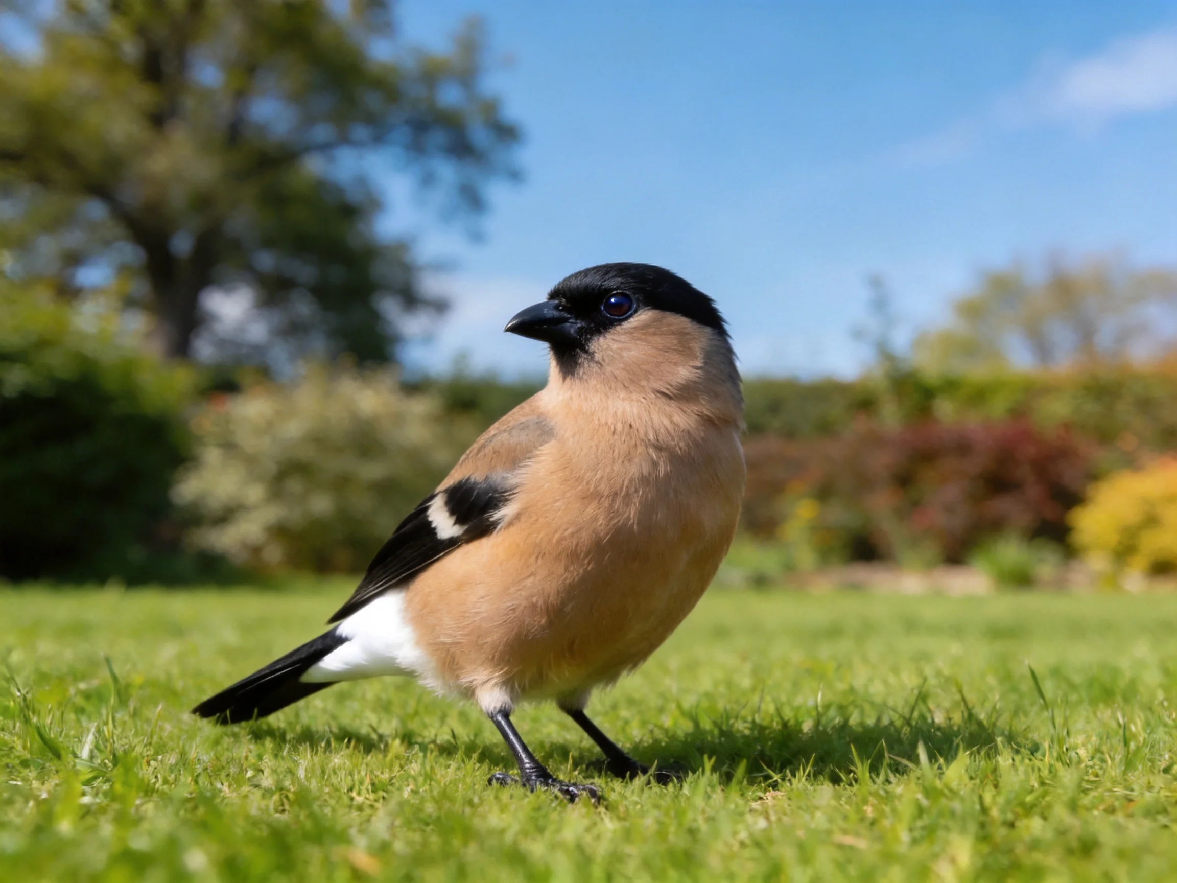 A bird with black head, brown chest, white tail on green lawn