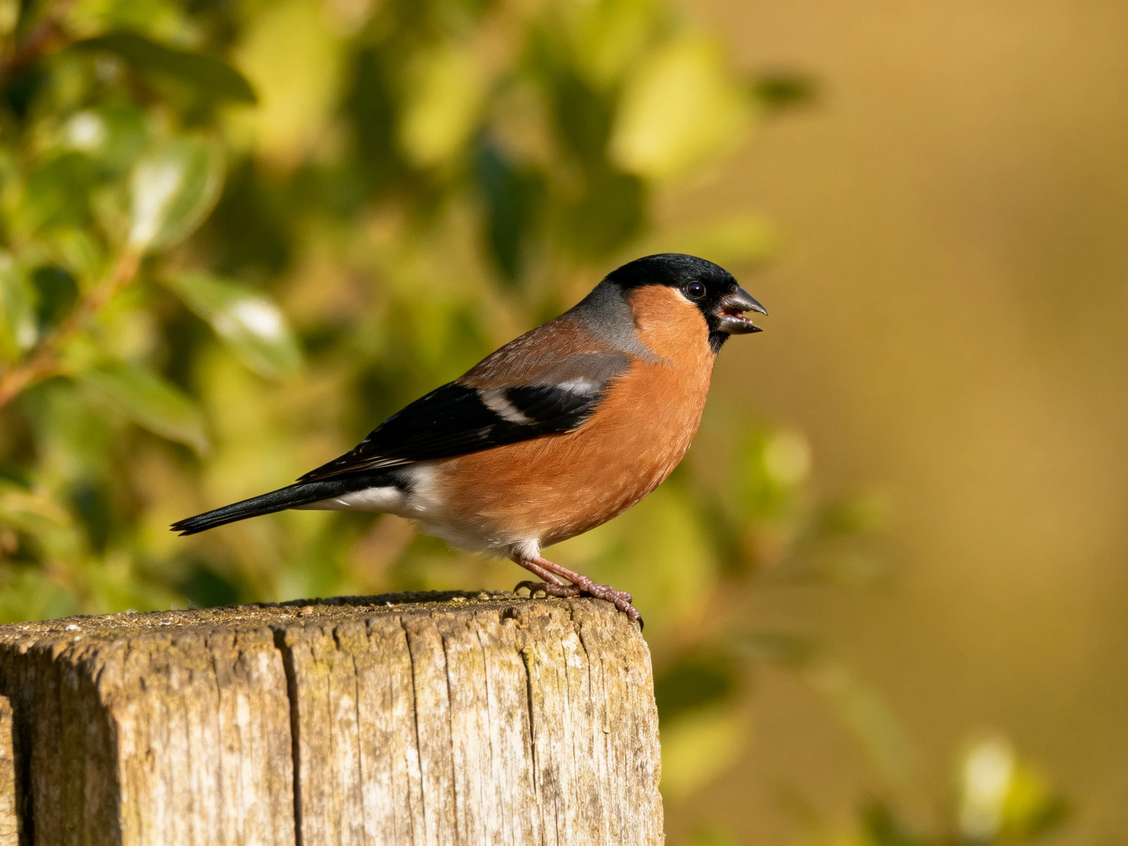 A bird with black, orange, and gray plumage perches on a weathered wooden post.