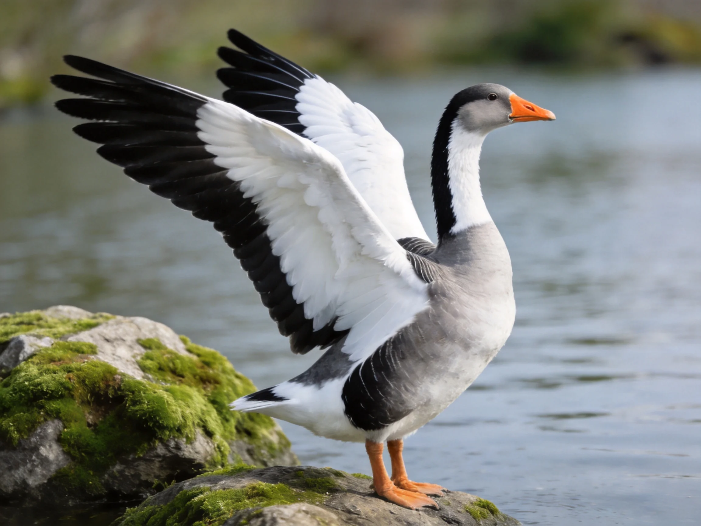 A bird with black, white, gray plumage spreads wings by calm water