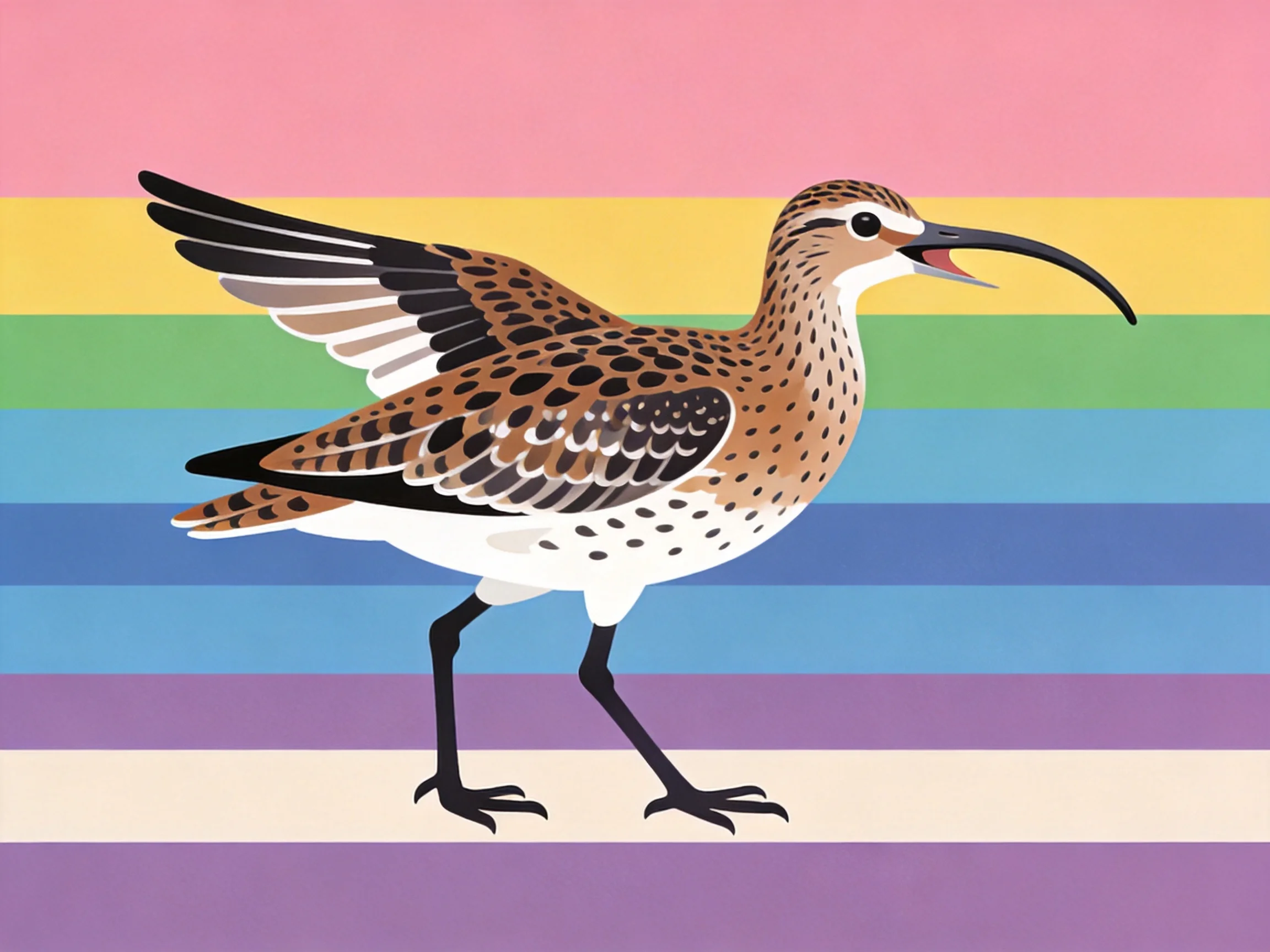 A bird with brown and black spotted plumage stands before colorful horizontal stripes