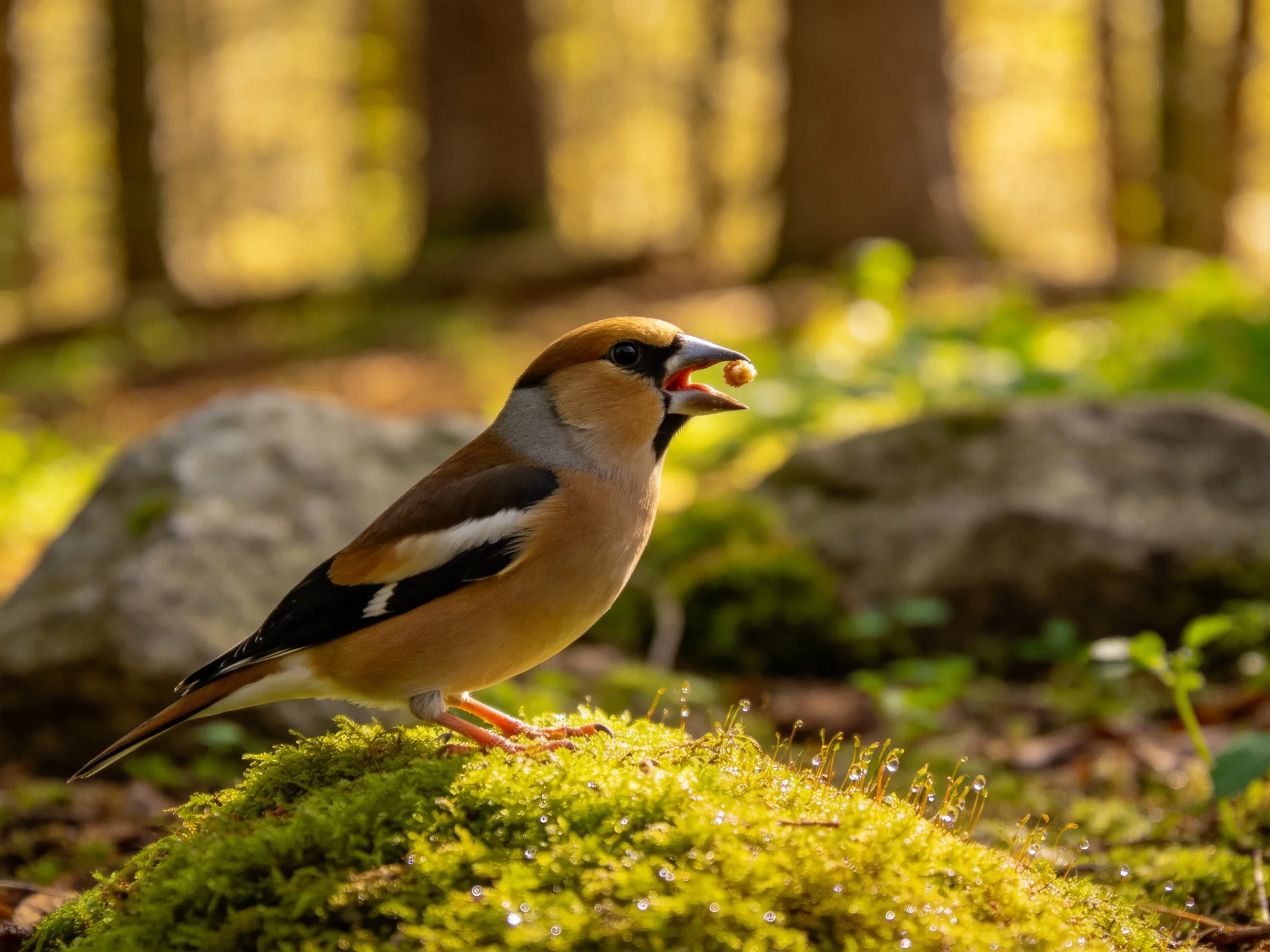 A multicolored bird holds food while perched on moss near rocks in a wooded area