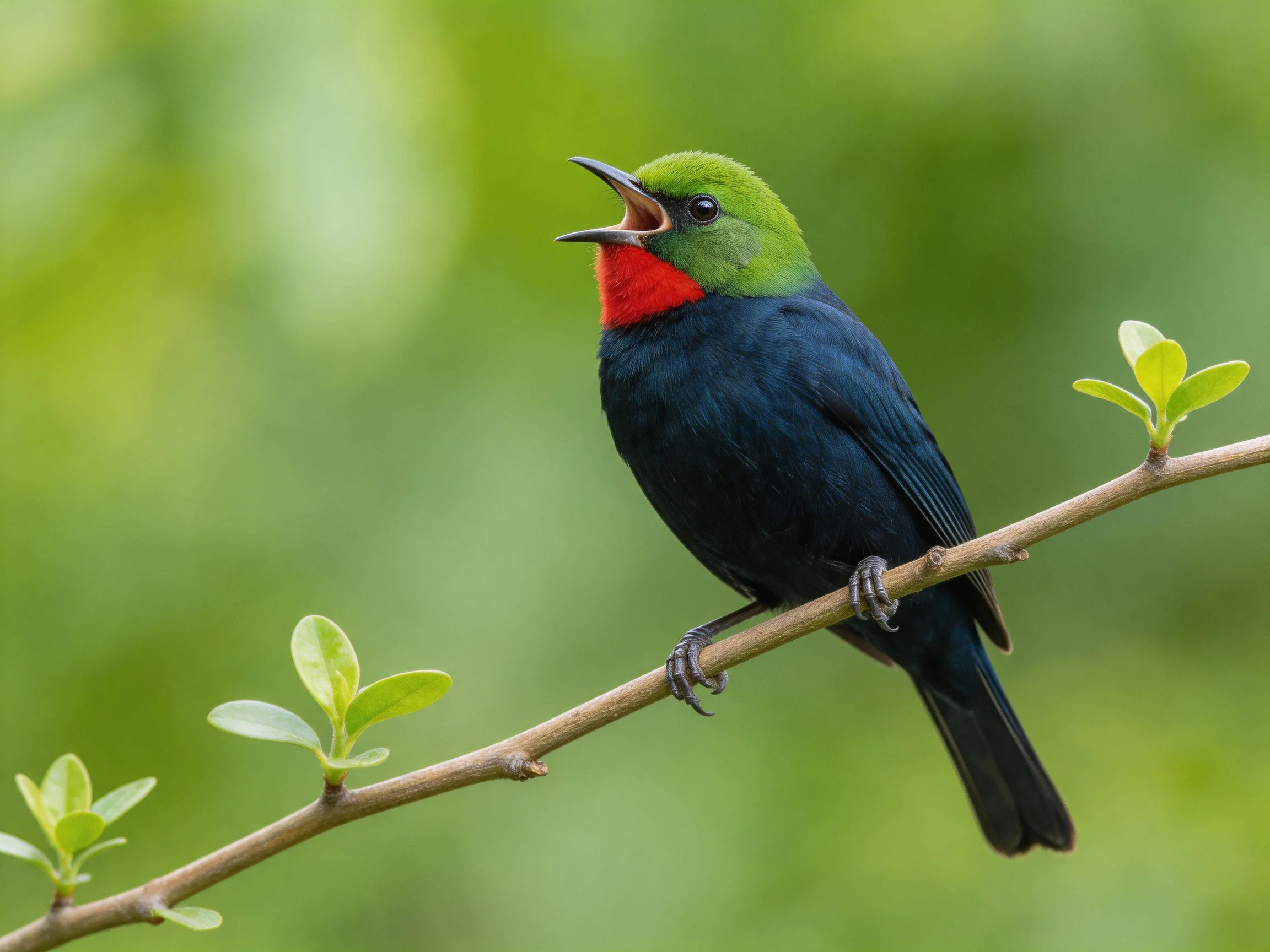 A bird with green head, red throat, and black feathers perched on a branch