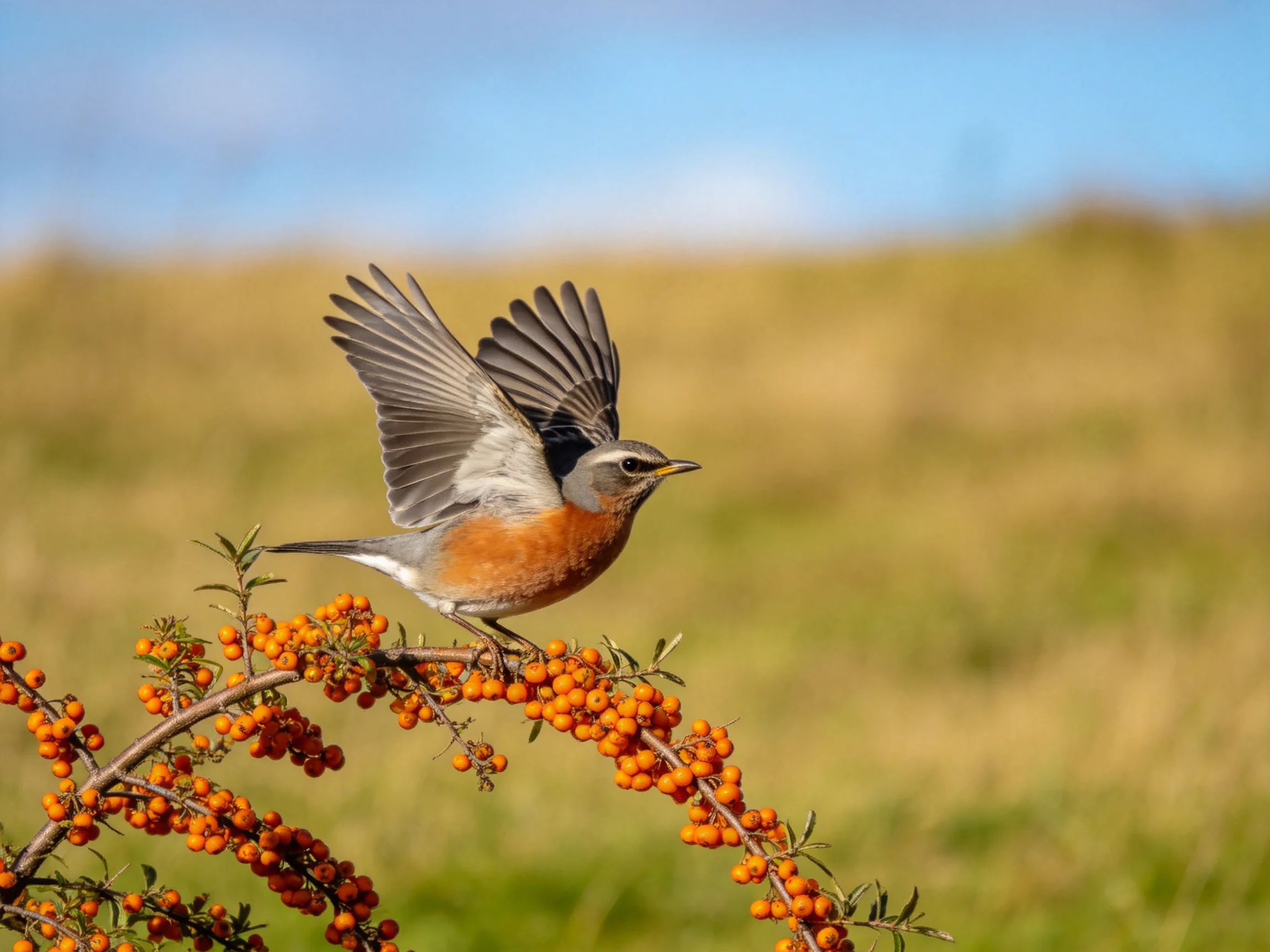 A bird with rust-orange plumage perches on bright orange berries