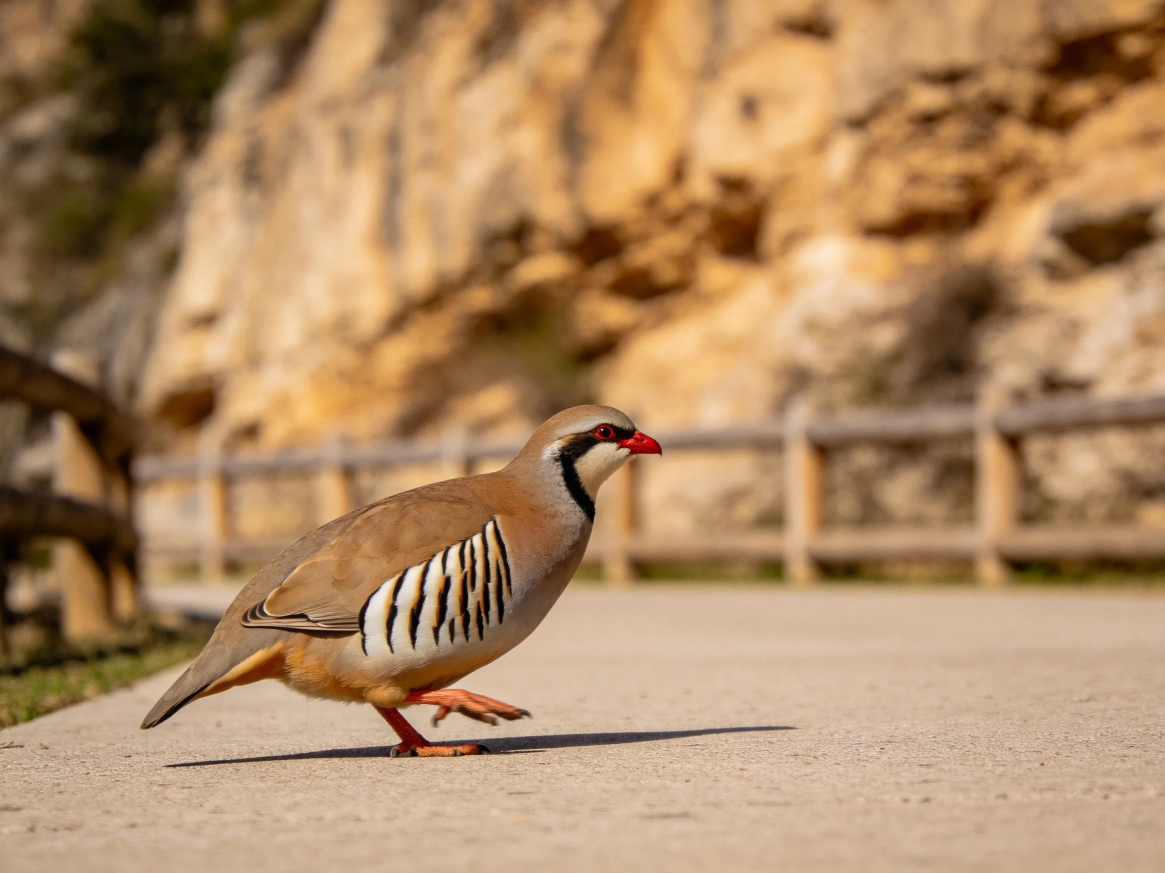 A bird with striped wings crosses a concrete path by rocky cliffs