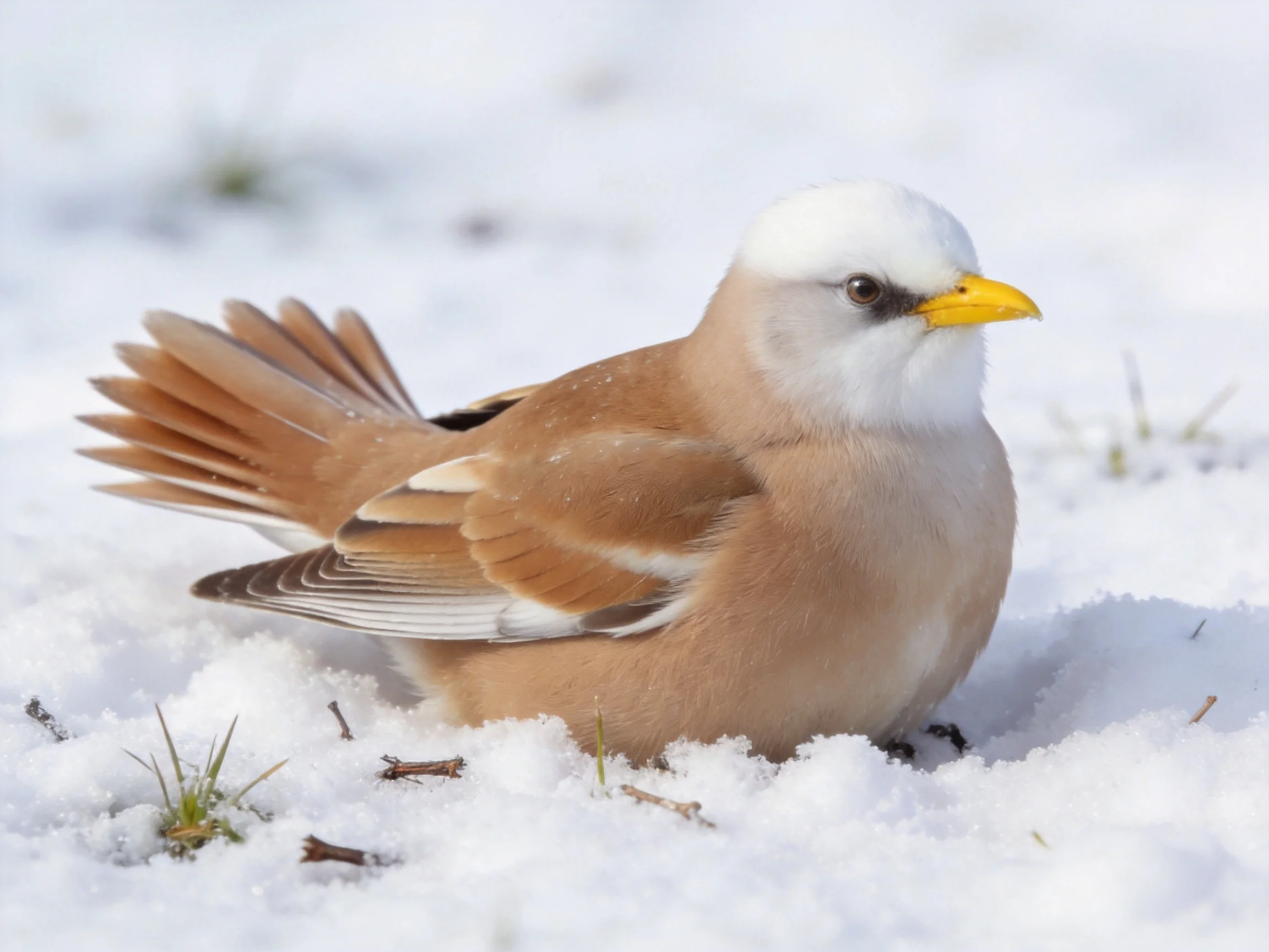 A bird with white head, yellow beak sits in snowy landscape