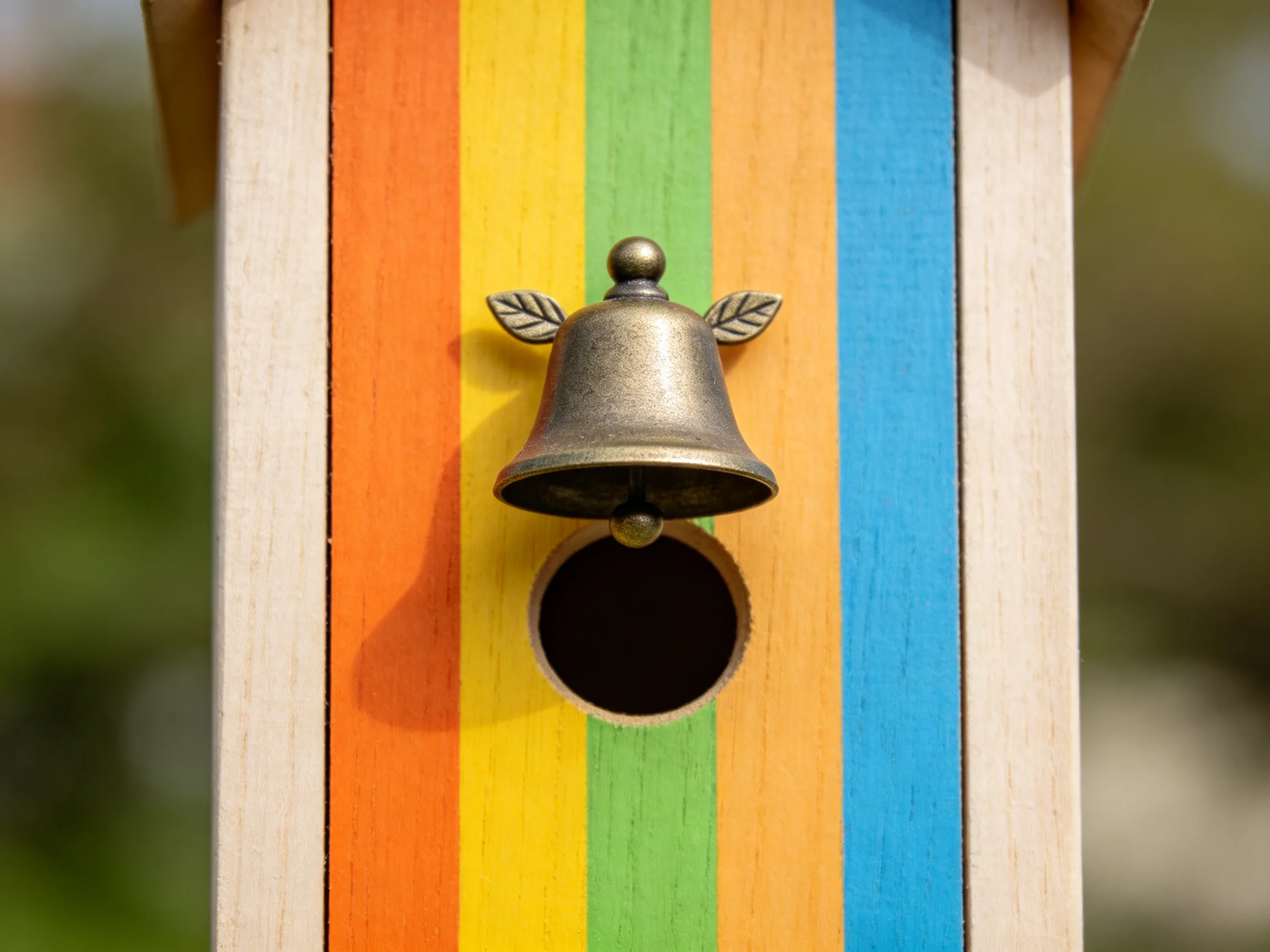 A birdhouse with rainbow-colored wooden strips has a brass bell near its entrance.
