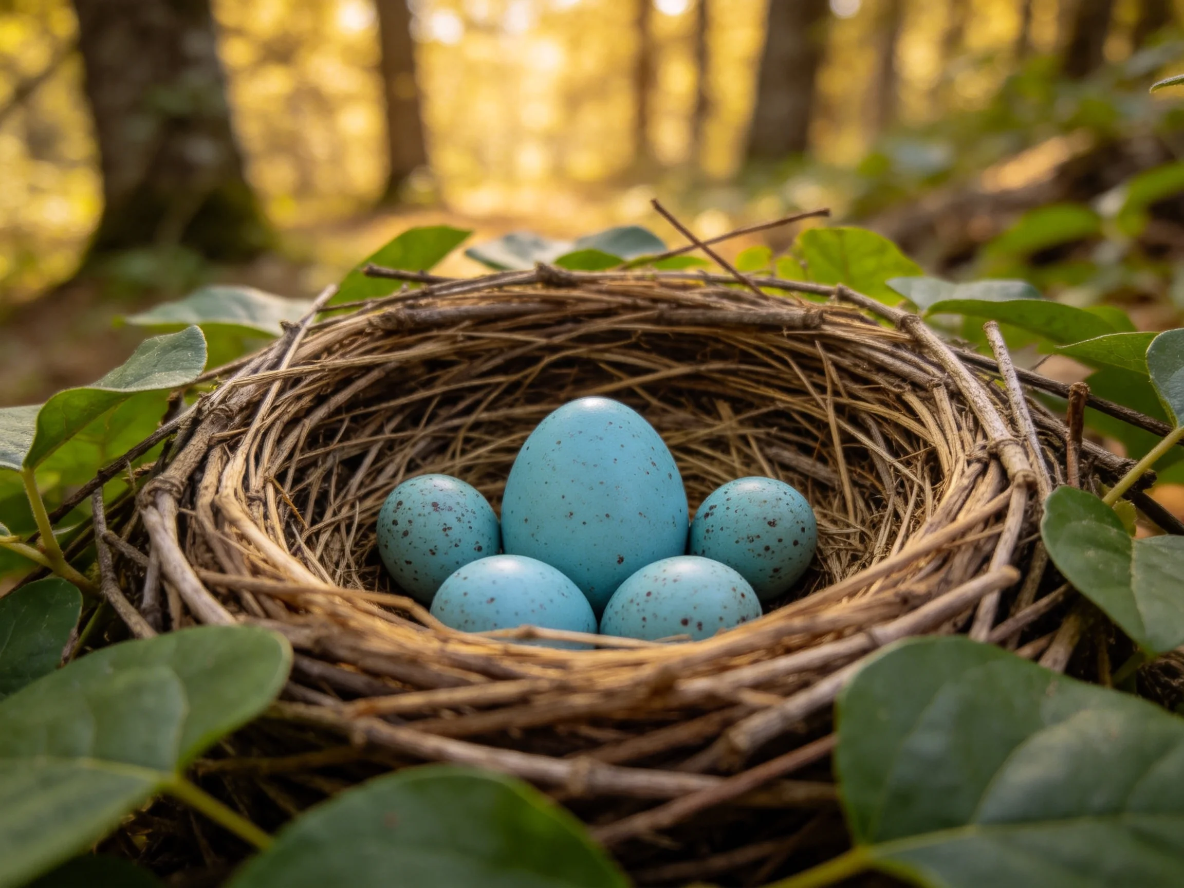 A birds nest with five speckled blue eggs in a sunlit forest