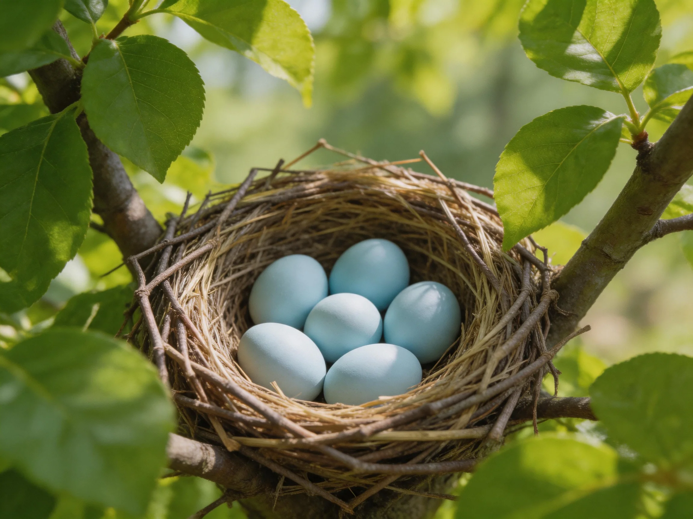 A birds nest with six light blue eggs amid green foliage