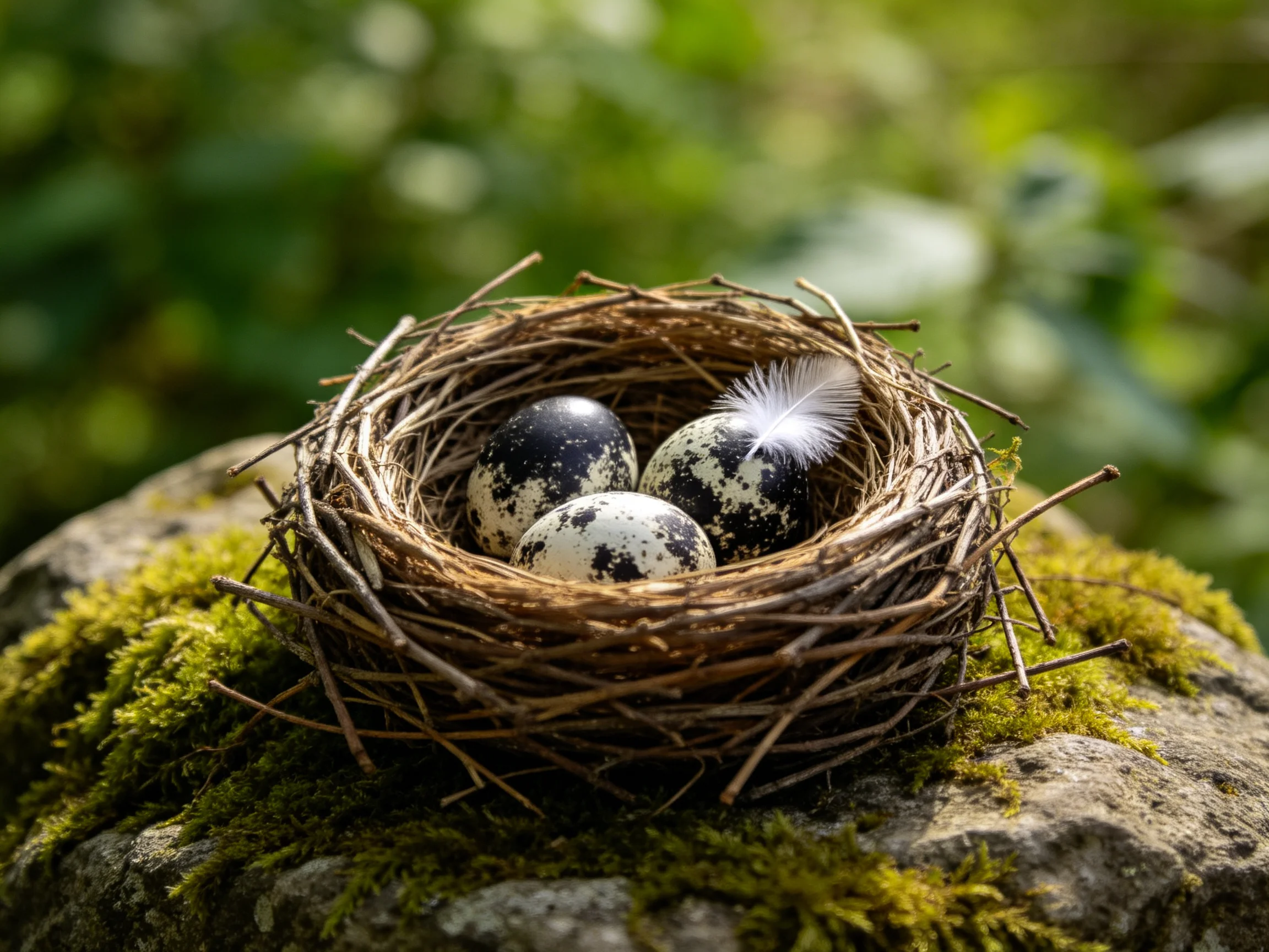 A birds nest with three speckled eggs and a feather on a mossy rock