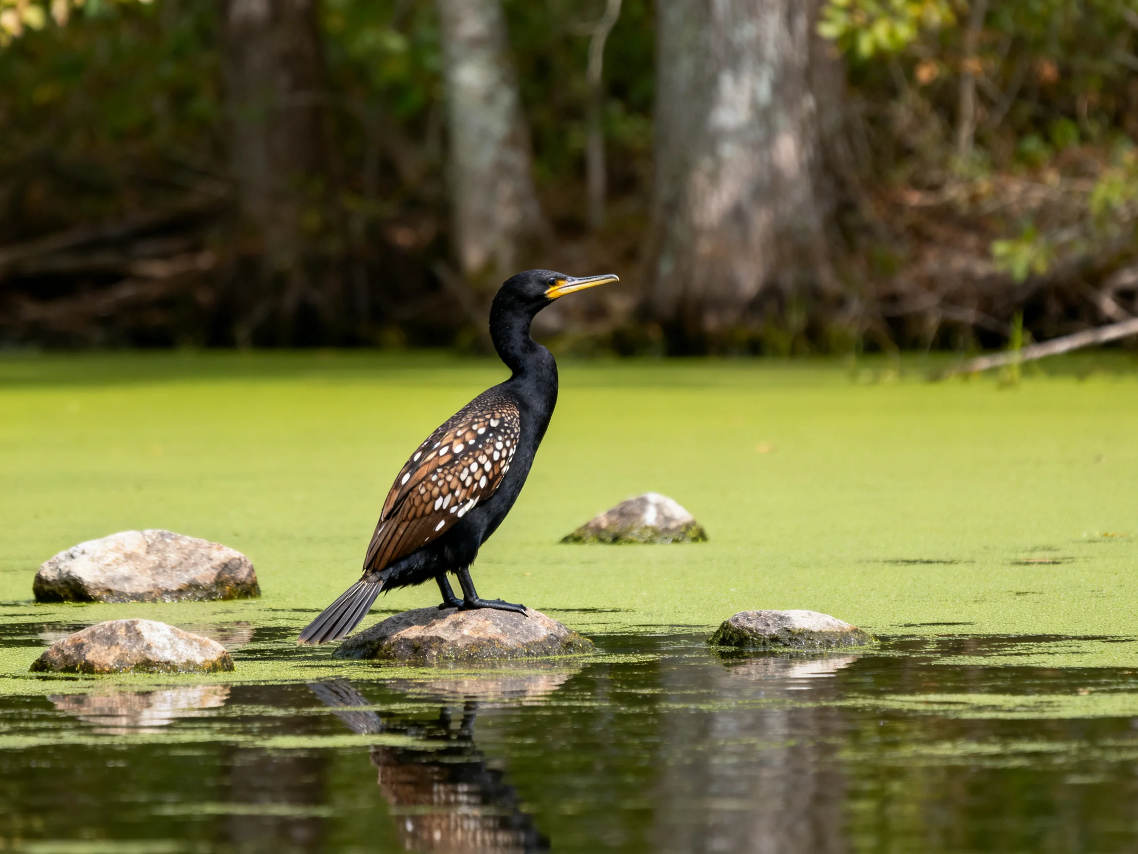A bird rests on a rock in algae-laden water with trees in the background.
