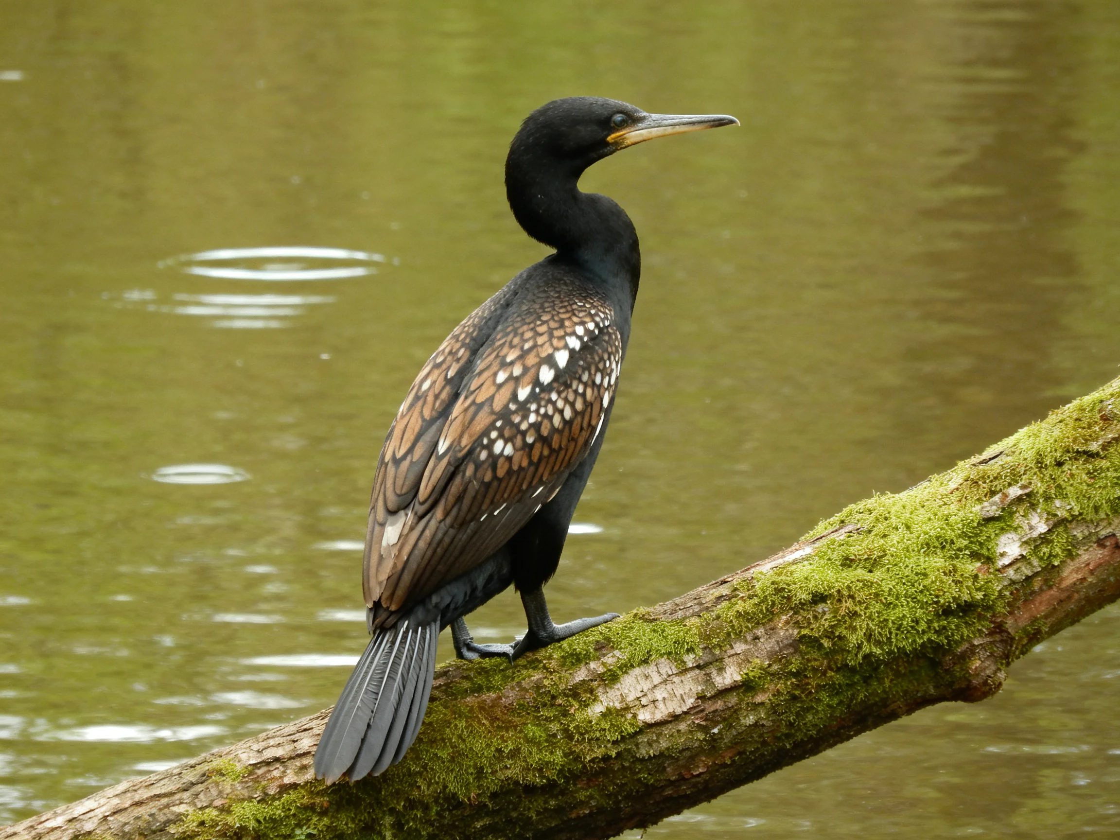 A black and brown bird perches on a moss-covered branch near calm water.