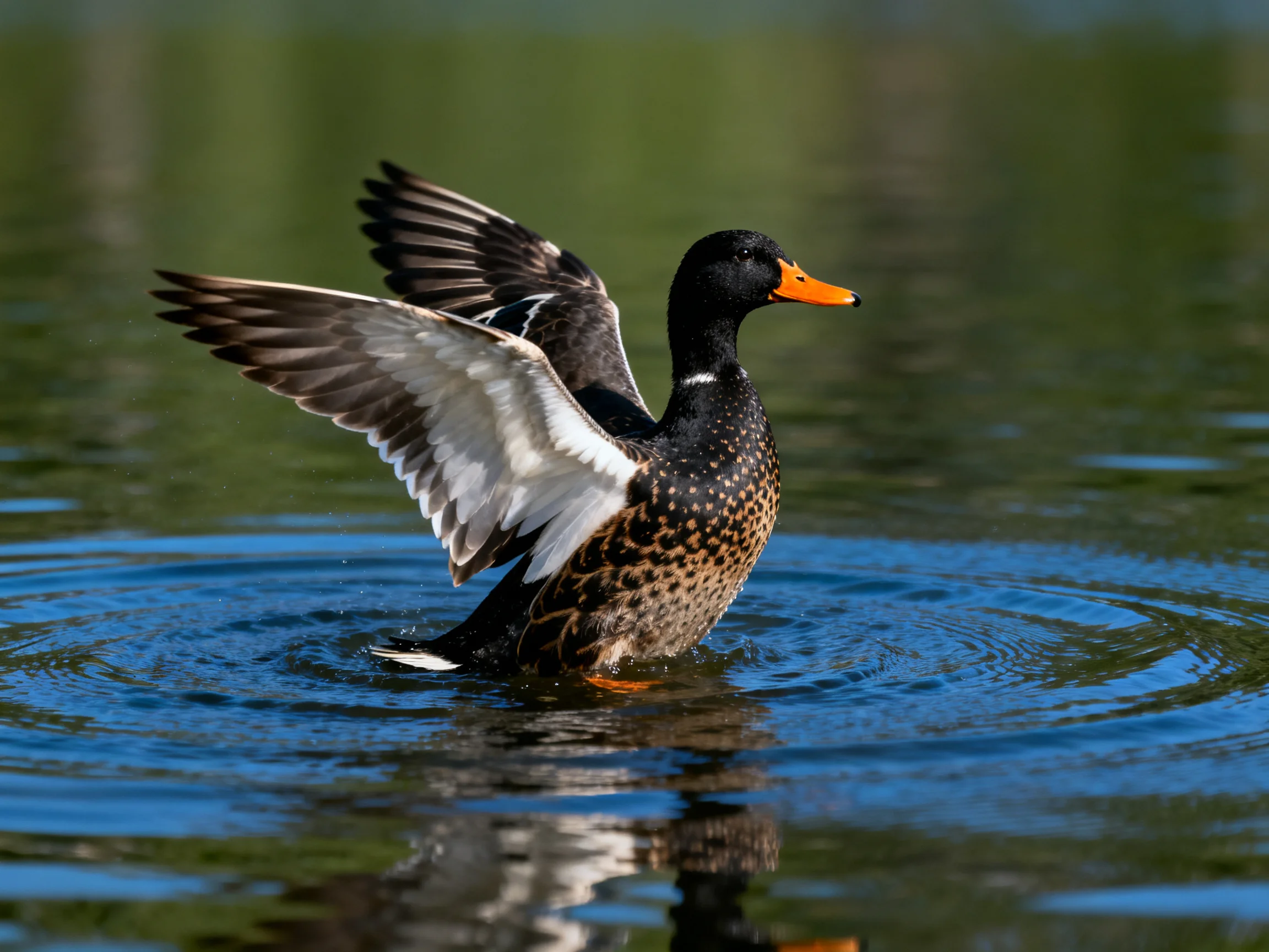 A black and brown duck spreads wings in calm blue water
