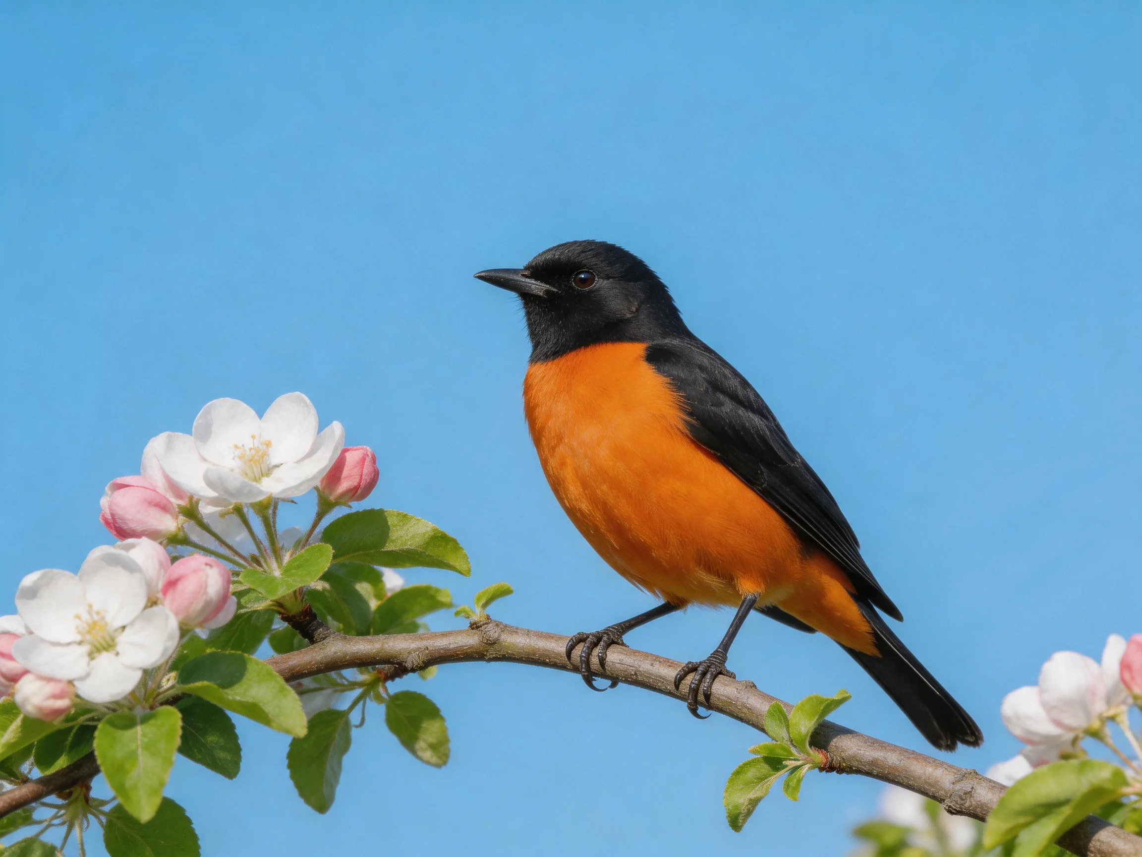 A black and orange bird perches on a flowering branch under clear blue sky