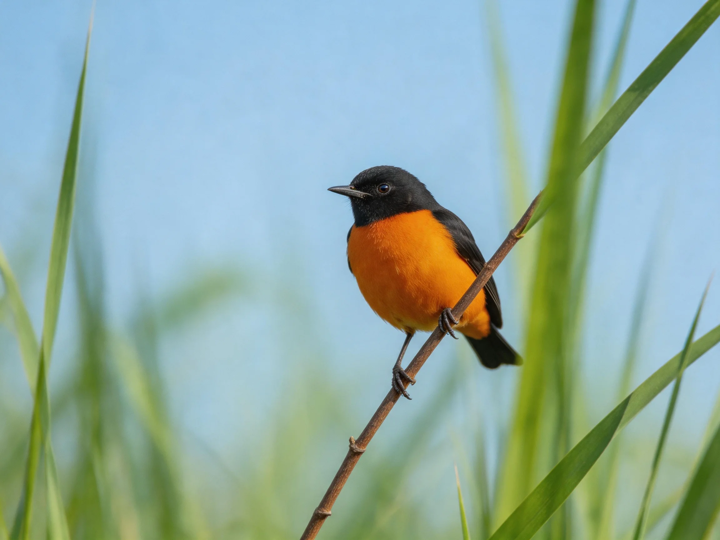 A black-and-orange bird perches on a thin brown branch amid tall green foliage.