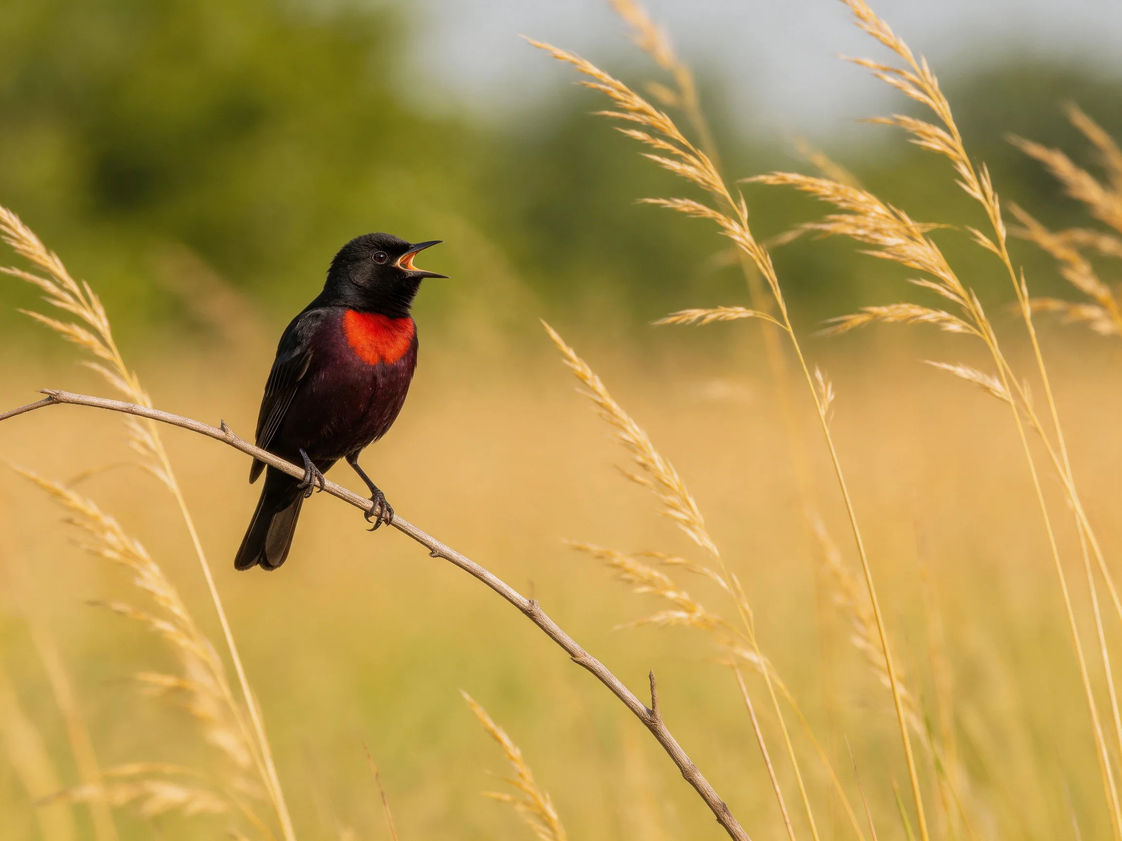 A black and red bird perches on a thin branch amid golden grasses