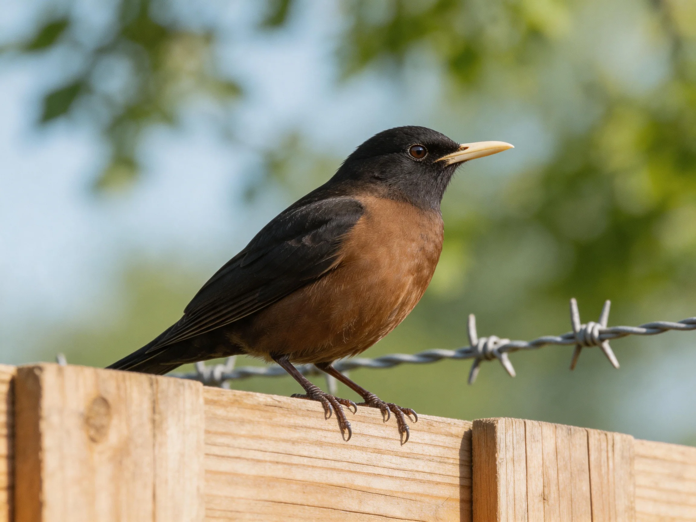 A black and rust-hued bird sits on a wooden fence near barbed wire.