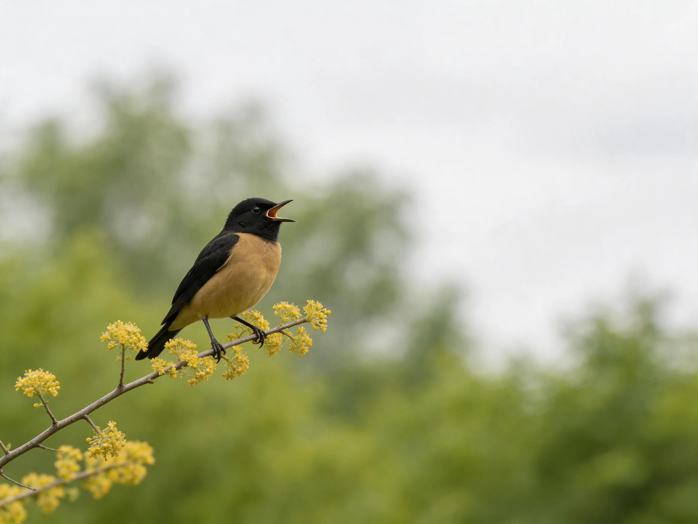 A black-and-tan bird perches on a flowering branch