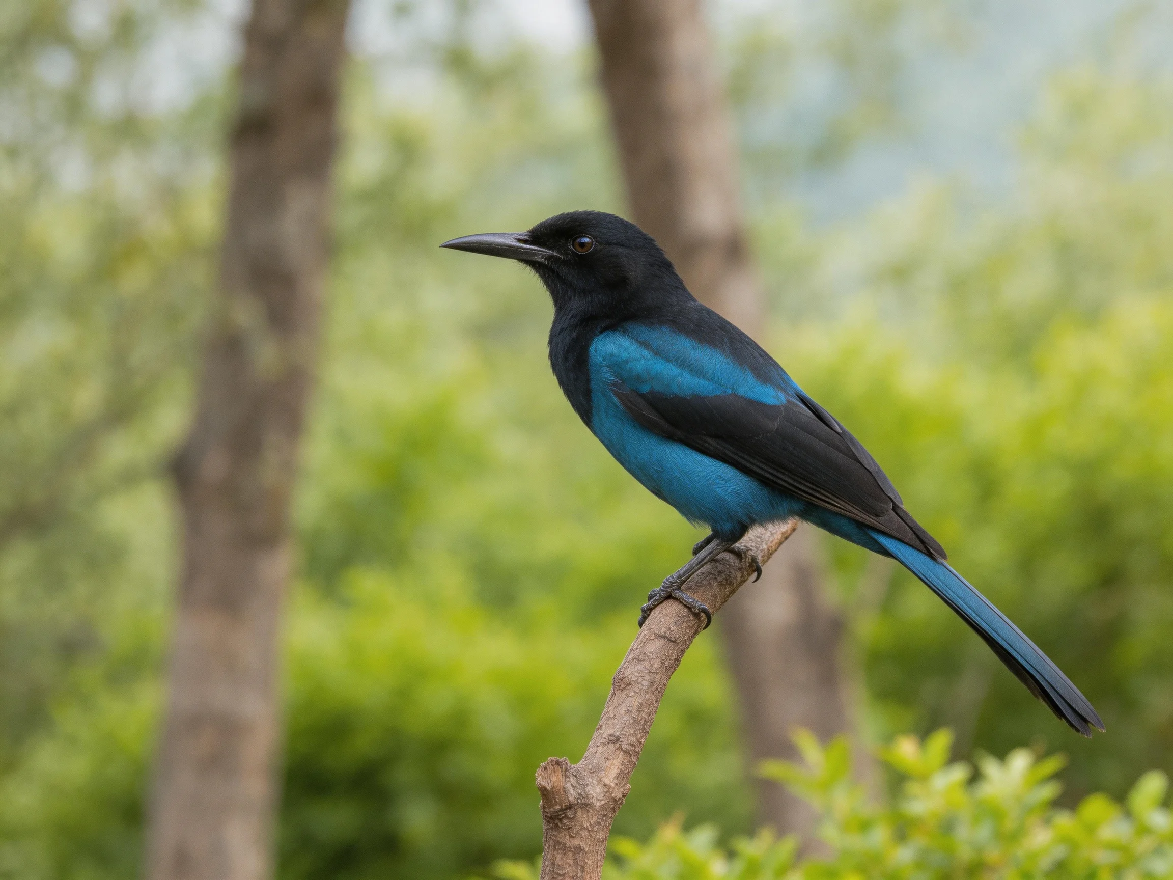 A black and turquoise bird perched on a slender tree branch