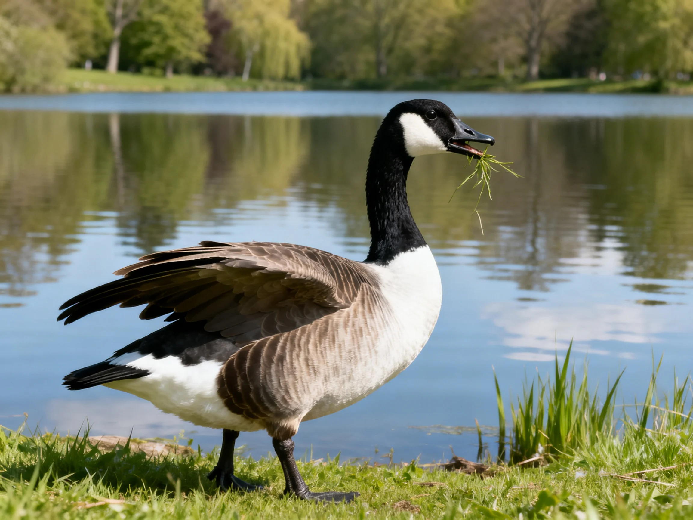 A black-and-white Canada goose holds greenery near a calm lake